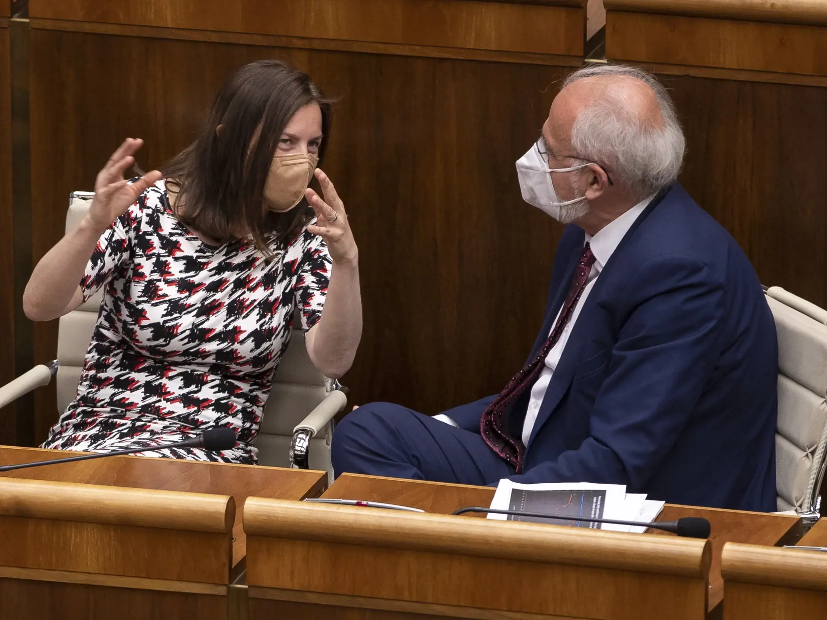 Ministerka kultúry Natália Milanová sa, zdá sa, počas rokovania veselo zabávala s ministrom pôdohospodárstva Jánom Mičovským.