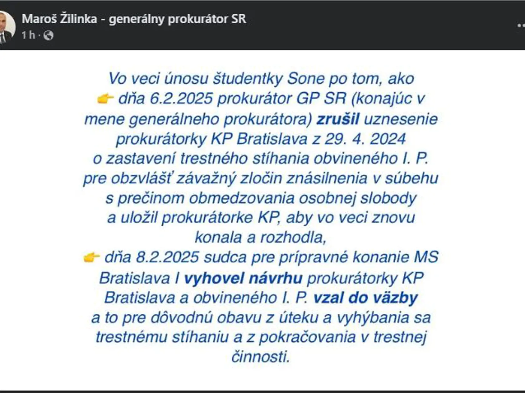 K prípadu únosu študentky sa vyjadril aj generálny prokurátor Maroš Žilinka.