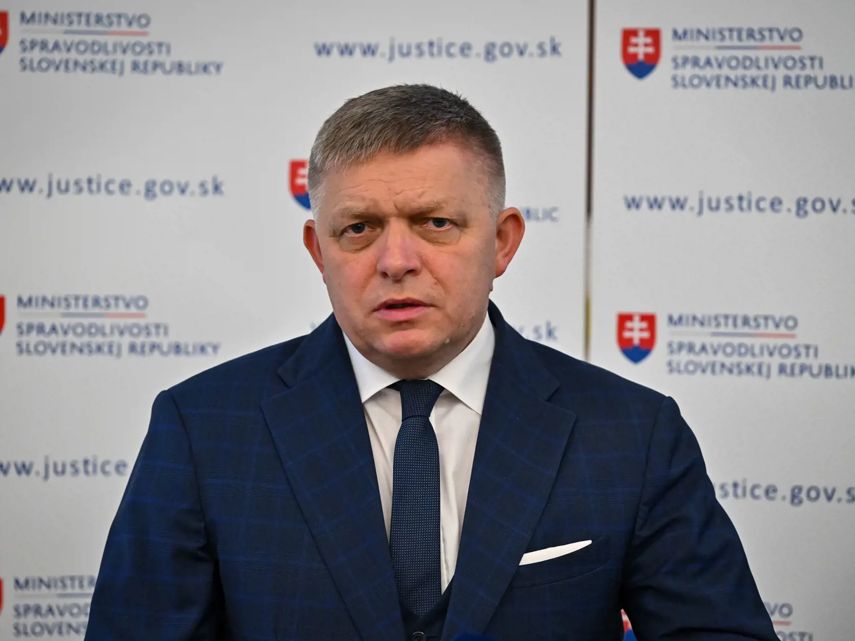 Na snímke predseda vlády SR Robert Fico (Smer-SD) počas tlačovej konferencie v rámci návštevy rezortu ministerstva spravodlivosti 30. októbra 2023 v Bratislave. FOTO TASR - Pavol Zachar