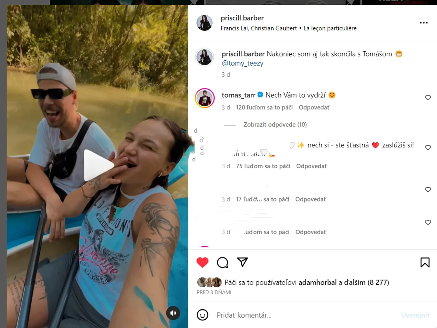 Pod dojímavé video, kde odhalila svoju lásku k Tomášovi, jej gratuloval Tomáš Tarr!