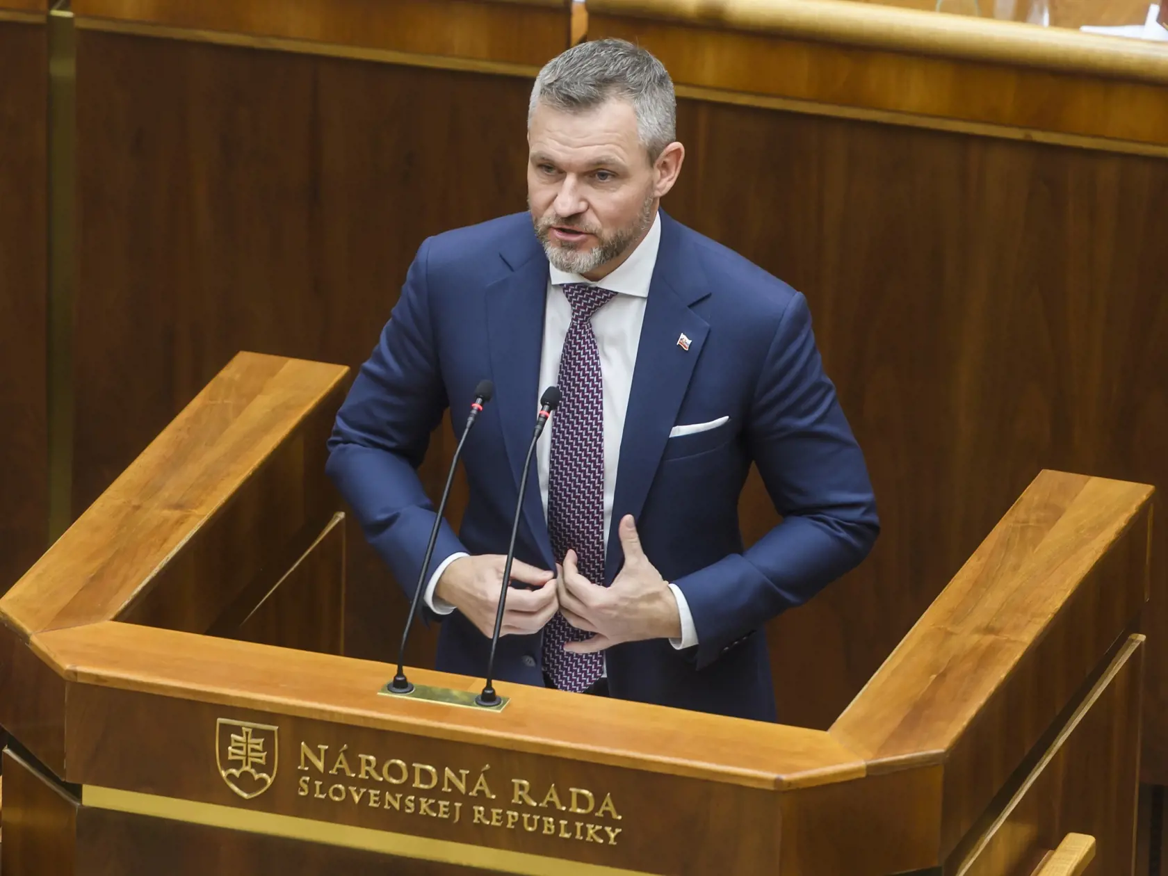 Na snímke predseda NRSR Peter Pellegrini (Hlas-SD) reční počas 3. chôdze NRSR k Programovému vyhláseniu vlády (PVV) SR v Bratislave 14. novembra 2023. FOTO TASR - Jaroslav Novák