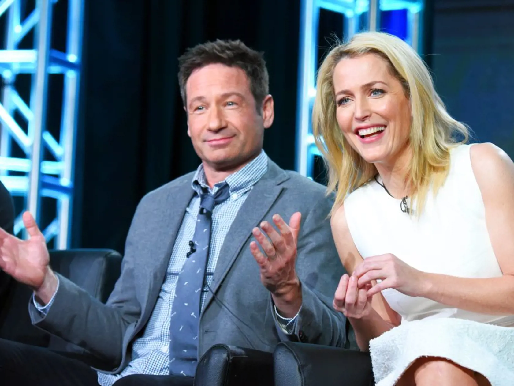 Actors David Duchovny, left, and Gillian Anderson participate in "The X Files" panel at the Fox Winter TCA on Friday, Jan. 15, 2016, Pasadena, Calif. (Photo by Richard Shotwell/Invision/AP)