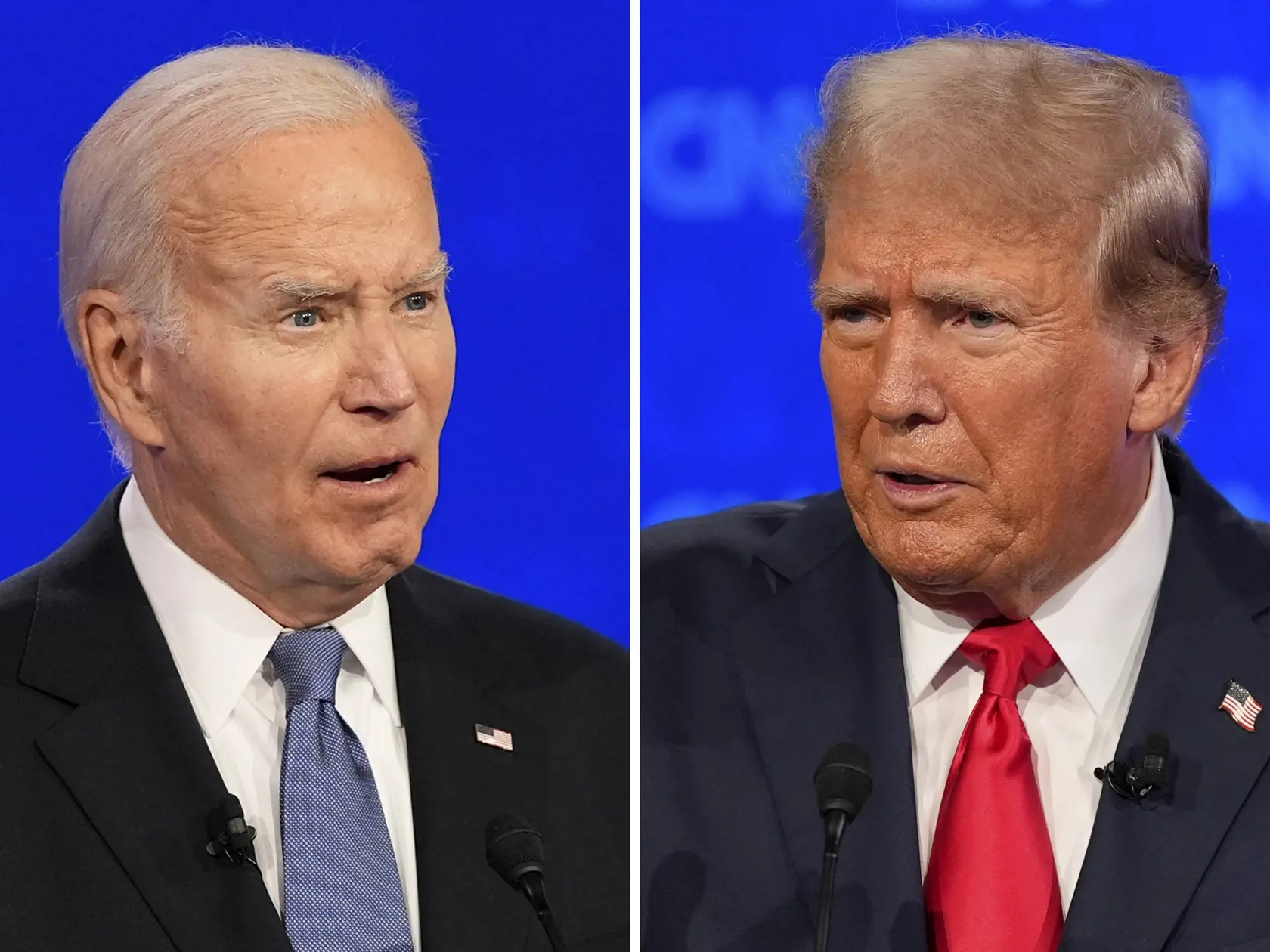 Na kombosnímke americký prezident a prezidentský kandidát z Demokratickej strany Joe Biden (vľavo) a republikánsky prezidentský kandidát a exprezident USA Donald Trump počas prvej debaty pred novembrovými prezidentskými voľbami v sídle televízie CNN v Atlante 27. júna 2024.