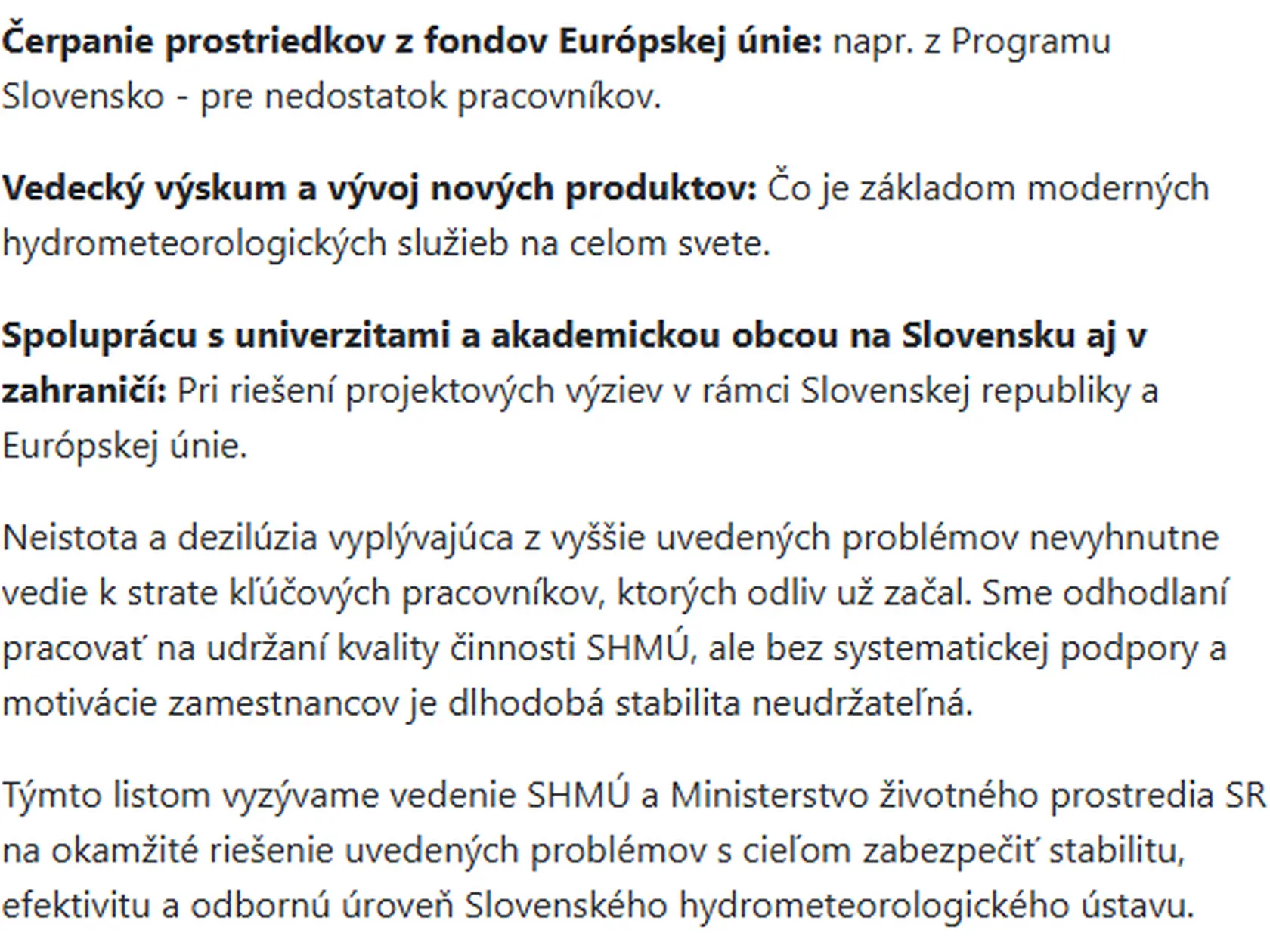 Požiadavky zamestnancov SHMÚ