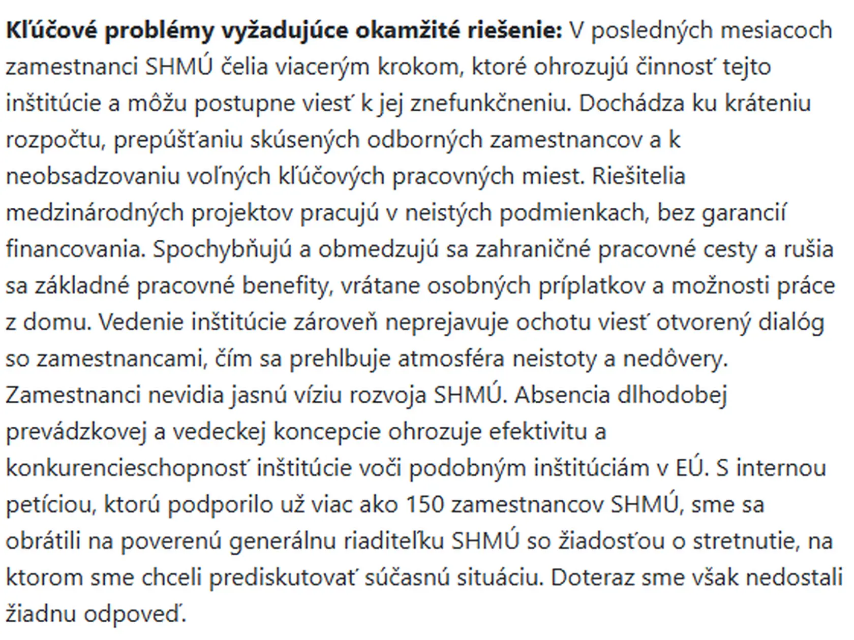 Požiadavky zamestnancov SHMÚ