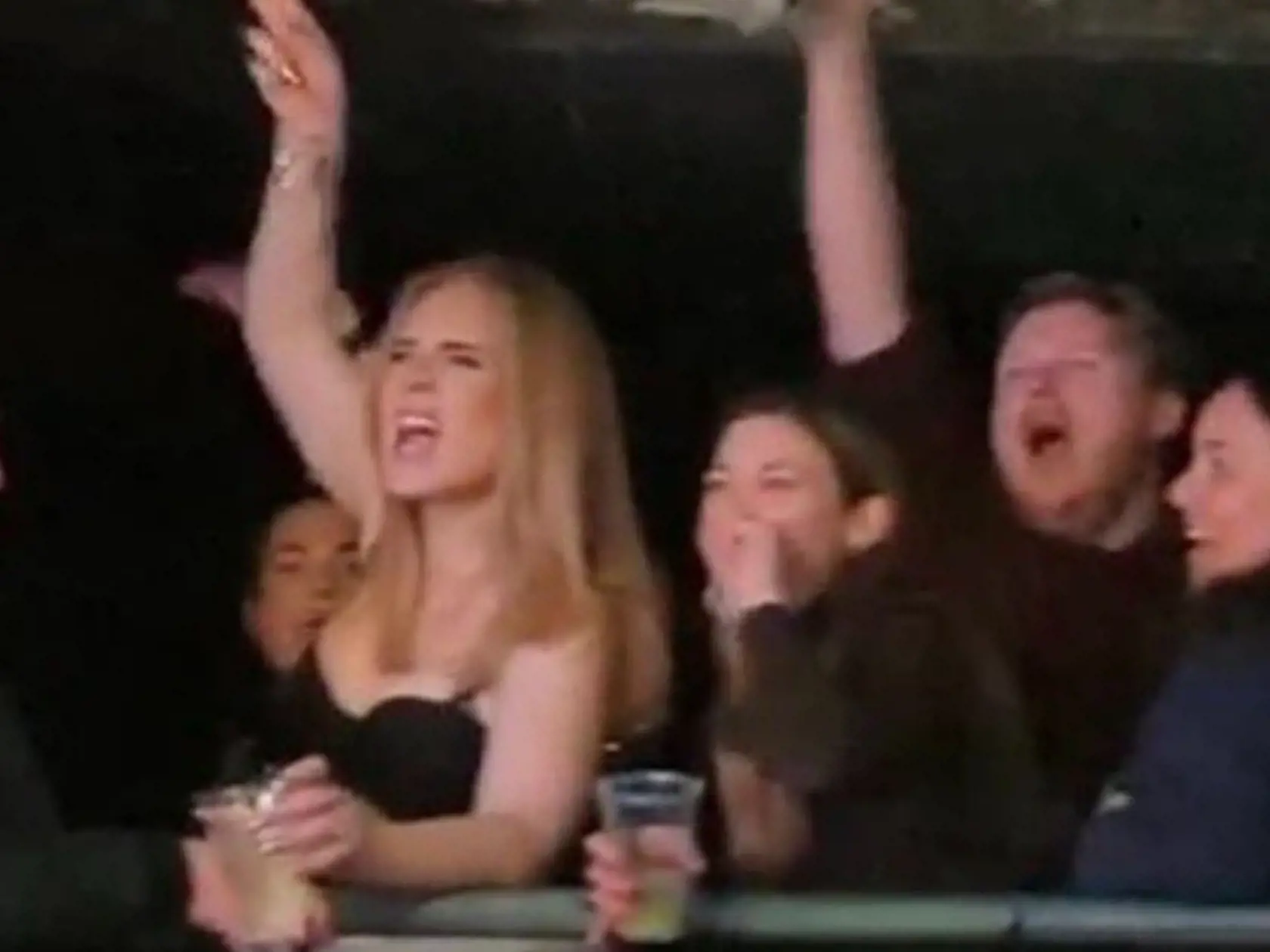 Adele si spočiatku tancovala len vo svojom VIP boxe, avšak bez saka, iba v podprsenke a s pohárikom v ruke.