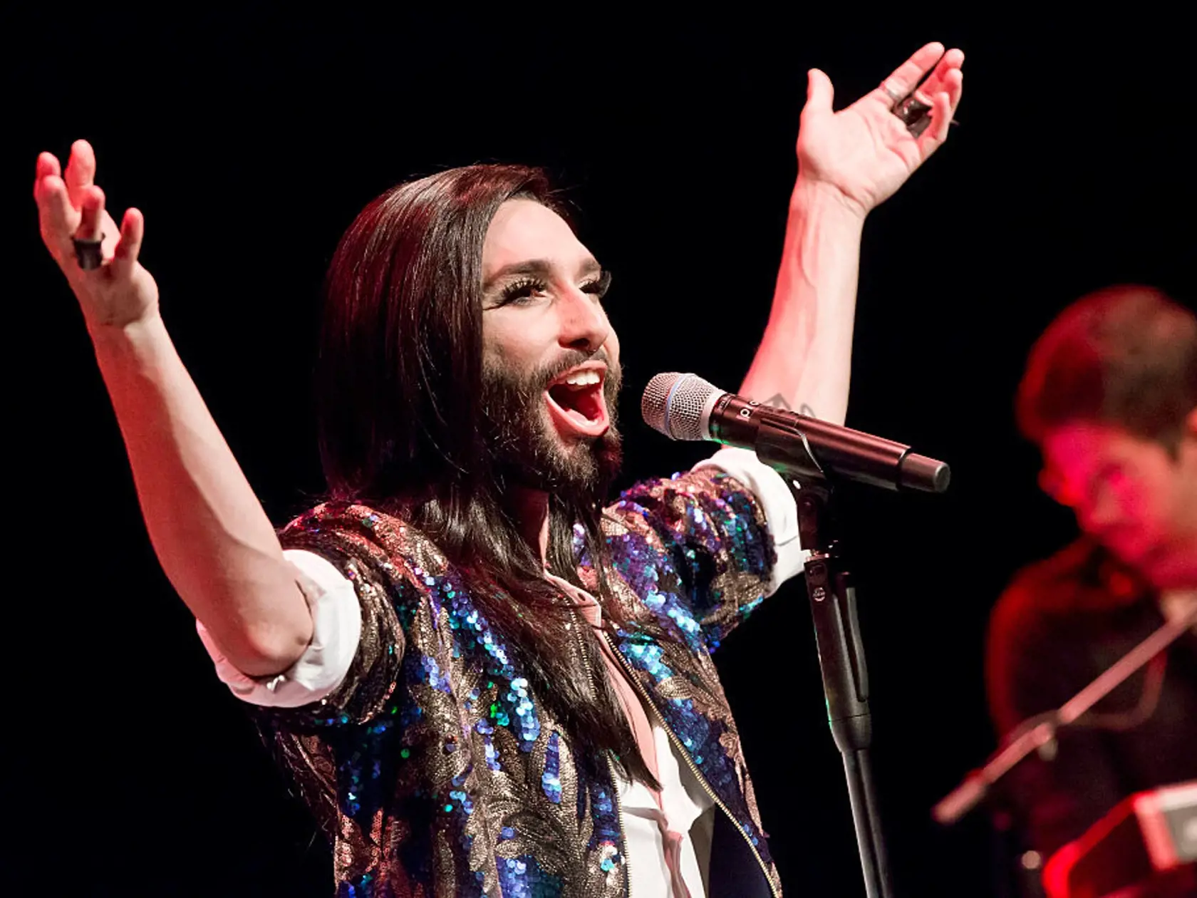 BERLIN, GERMANY - MAY 08: Austrian Singer Conchita Wurst performs live during a concert at the Admiralspalast Studio on May 8, 2016 in Berlin, Germany. (Photo by Frank Hoensch/Redferns via Getty Images)