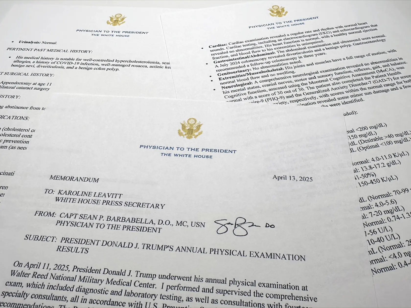 Na snímke správa o zdravotnom stave amerického prezidenta Donalda Trumpa po jeho prehliadke z 11. apríla 2025 vo vojenskej nemocnici Waltera Reeda pri Washingtone, ktorú zverejnil Biely dom v mene jeho lekára Seana Barbabellu. Americký prezident Donald Trump je stále „vo výbornom zdravotnom stave“.