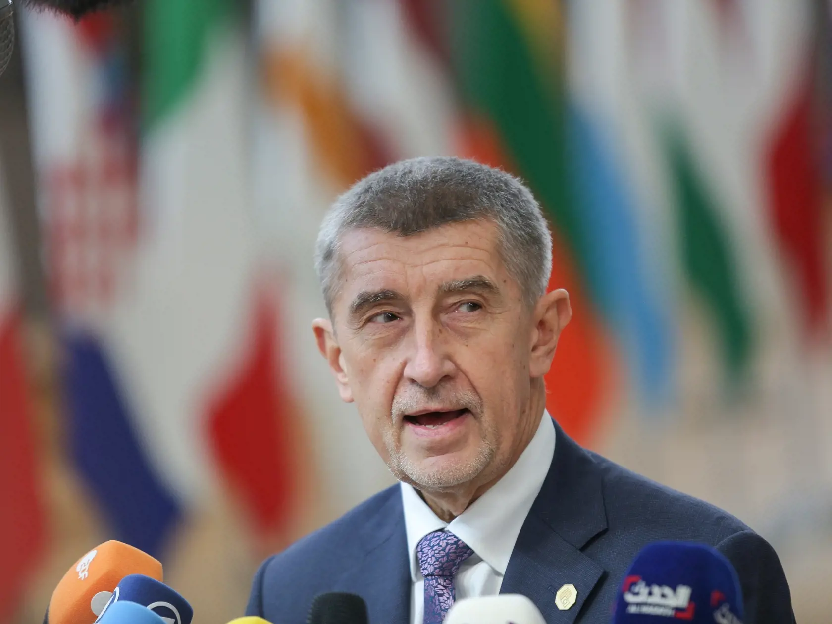 Andrej Babis Prime Minister of Czech Republic arrives at the European Council - Euro Summit - EU leaders meeting. The PM is having a doorstep press statement. December 12, 2019 - Brussels, Belgium