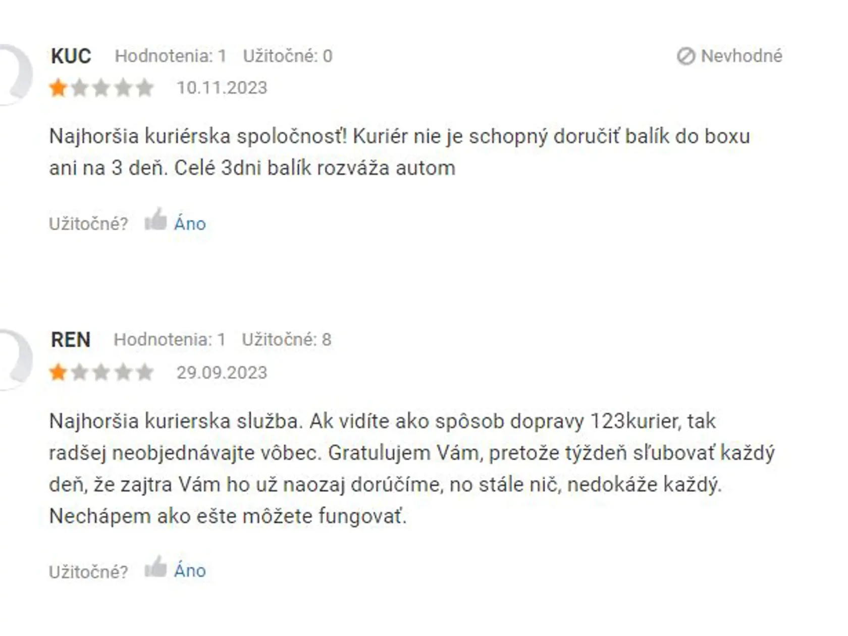 Negatívne recenzie zákazníkov s kuriérskou spoločnosťou.