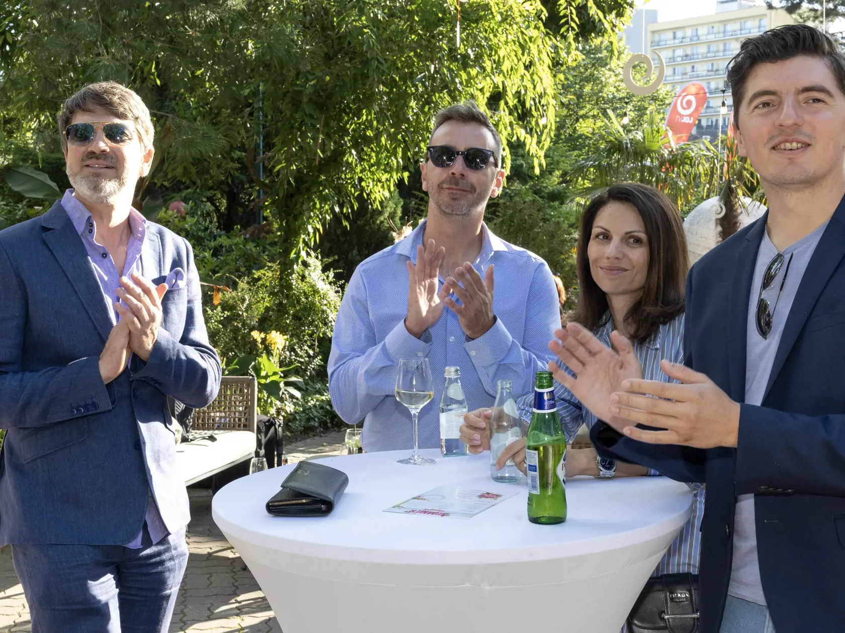 TV JOJ Summer Party - Letná média party televízie JOJ.  Na snímke je Marek Majeský, Števo Martinovič, Kristína Turjanová a Tomáš Turek.