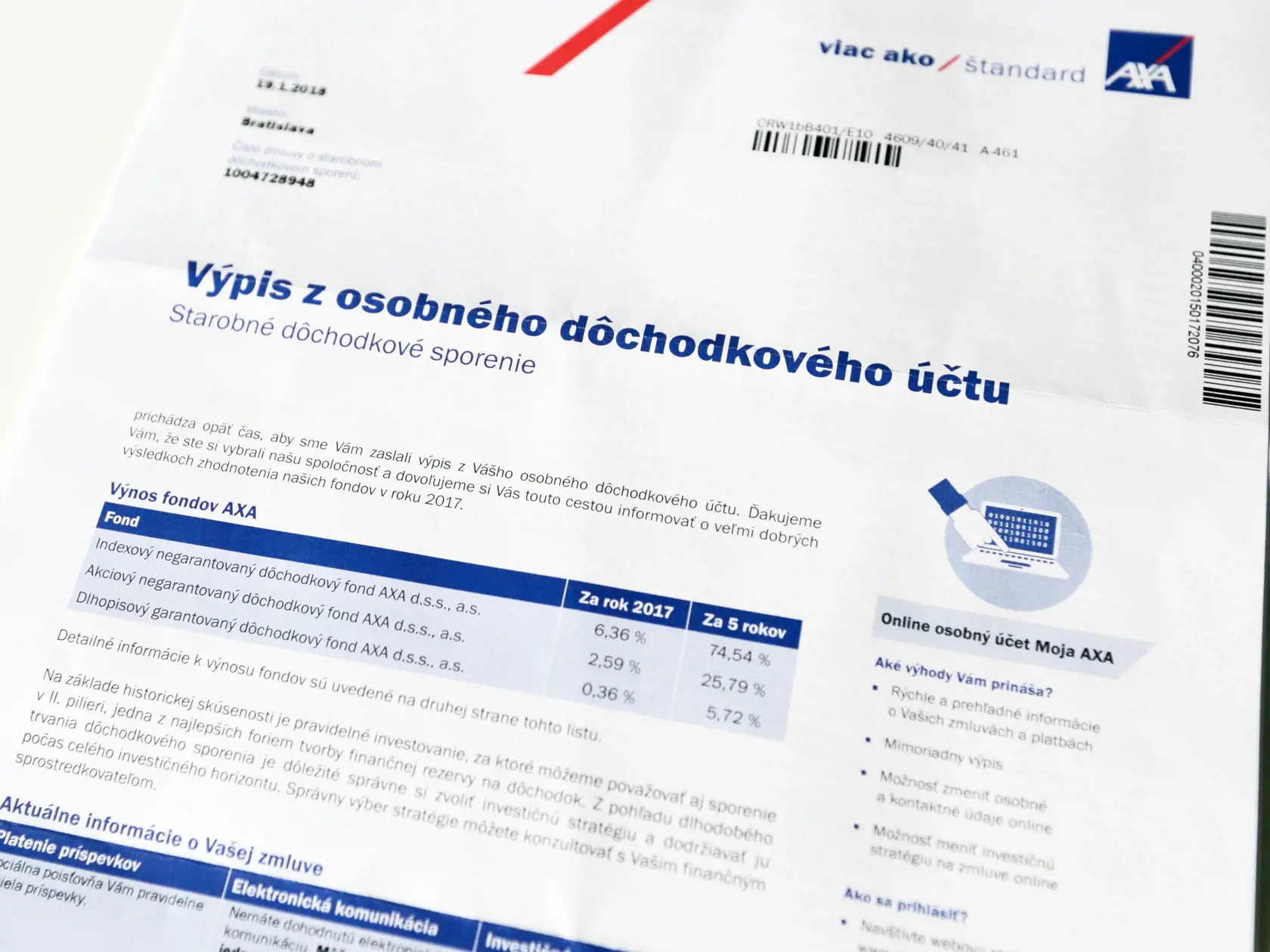 Na snímke výpis z dôchodkového fondu. Dôchodkové sociálne sporenie, druhý pilier. 