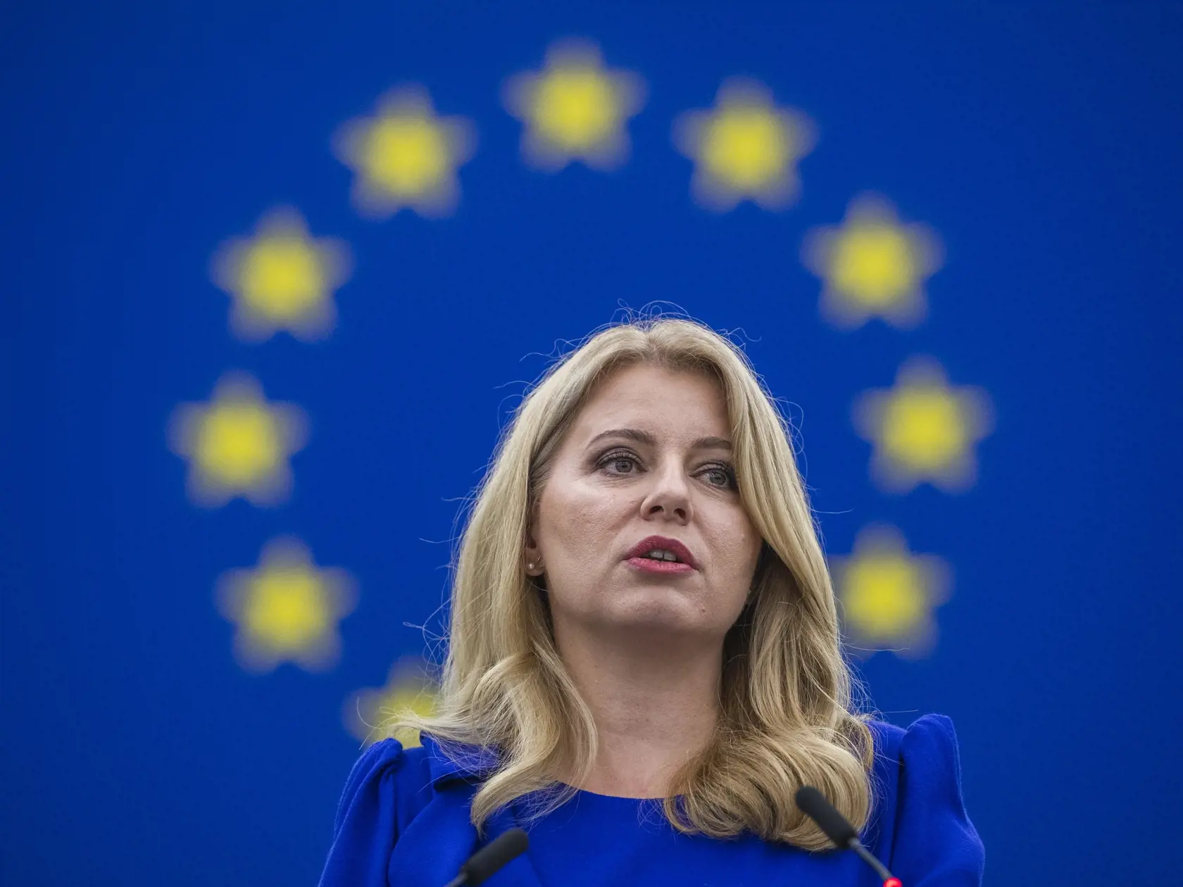 Na snímke prezidentka SR Zuzana Čaputová vystupuje s príhovorom pred poslancami Európskeho parlamentu v Štrasburgu v stredu 19. októbra 2022.
