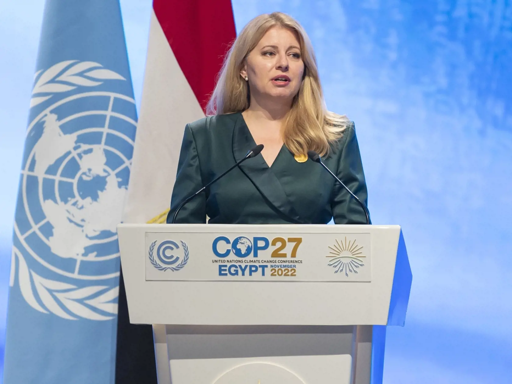 Na snímke prezidentka SR Zuzana Čaputová počas prejavu na Klimatickej konferencii OSN COP 27 v egyptskom Šarm aš-Šajchu 7. novembra 2022.