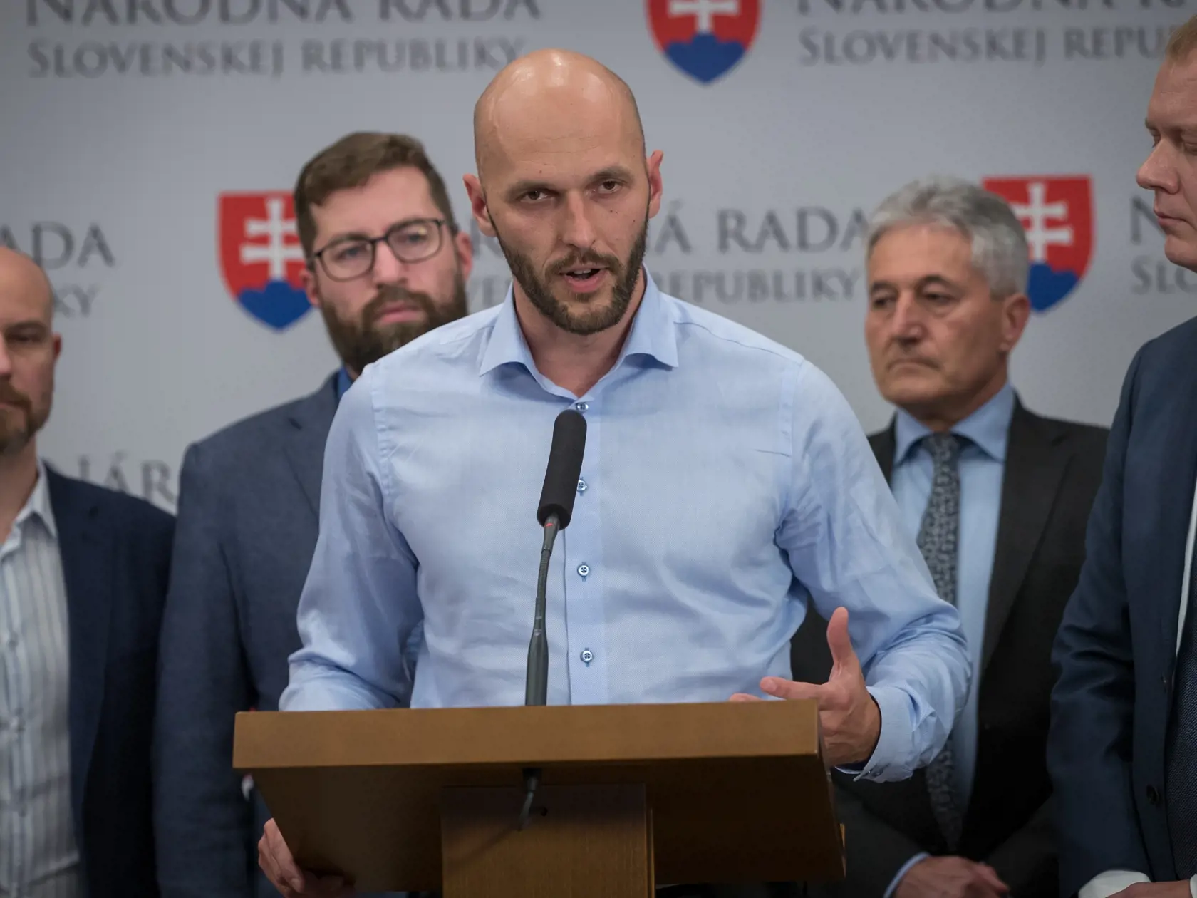 Tlačová beseda členov politickej strany Progresívne Slovensko / SPOLU k zverejnenej nahrávke spájanej s kauzou Gorila. Na snímke  je Michal Truban.