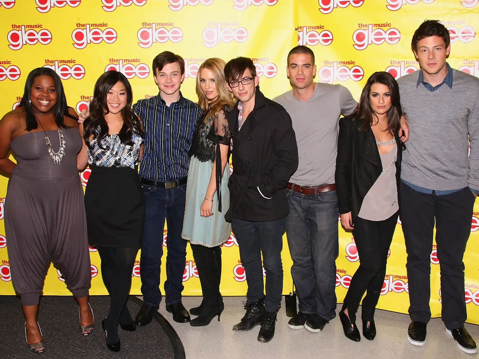 PARAMUS, NJ - NOVEMBER 04: The cast of "Glee" - Amber Riley, Jenna Ushkowitz, Chris Colfer, Diana Agron, Kevin McHale, Mark Salling, Lea Michele and Cory Monteith attend the cast of "Glee" signing copies of "Glee: The Music Vol. 1" at Best Buy on November 4, 2009 in Paramus, New Jersey. (Photo by Theo Wargo/Getty Images for Columbia Records)