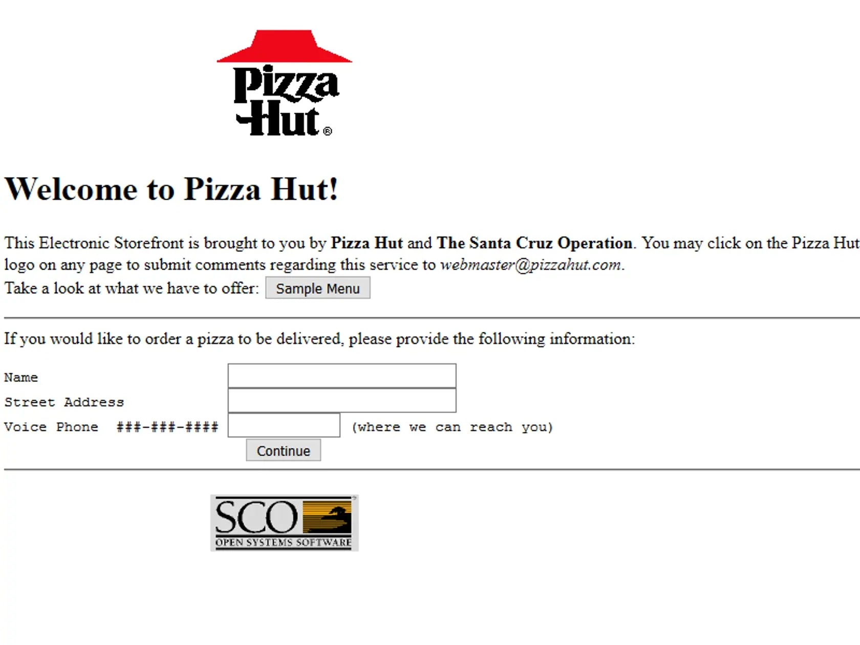 Stránka Pizza Hut v roku 1996.