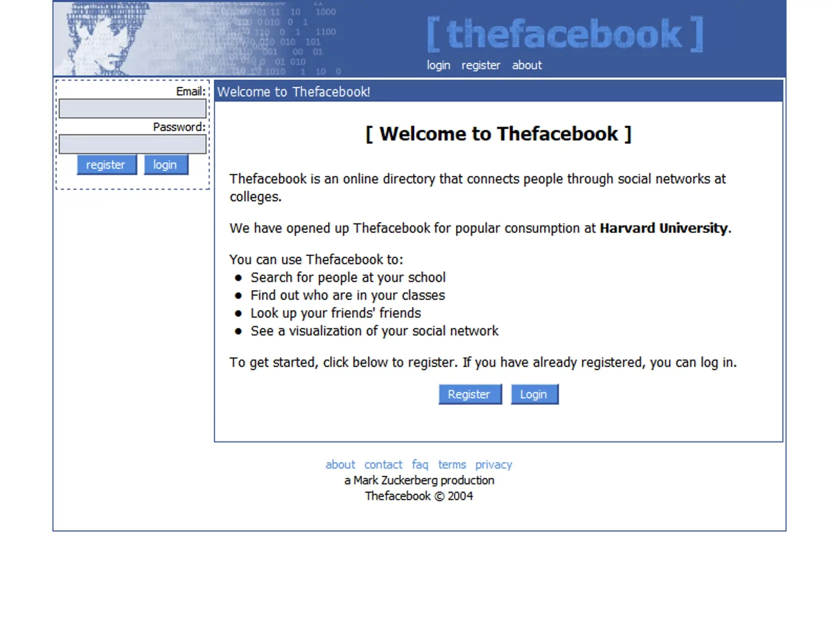 Takto vyzeral Facebook v roku 2004.