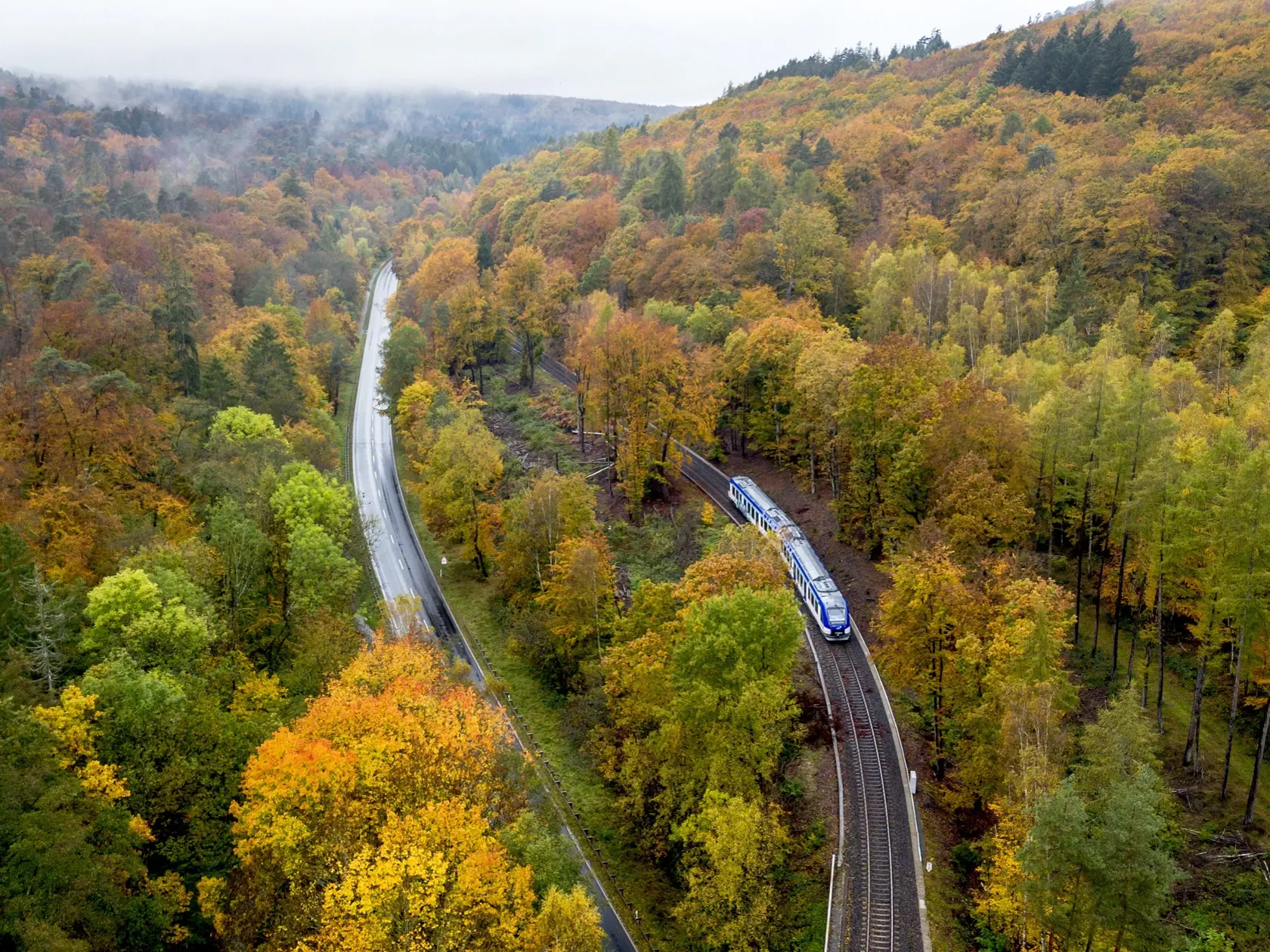 EBE 1 Frankfurt nad Mohanom – Na snímke regionálny vlak na vodíkový pohon prechádza cez jeseňou sfarbený les v nemeckom regióne Taurus neďaleko Frankfurtu nad Mohanom v pondelok 30. októbra 2023. FOTO TASR/AP

A regional hydrogen train is pictured in the colourful woods of the Taurus region near Frankfurt, Germany, Monday, Oct. 30, 2023. (AP Photo/Michael Probst)