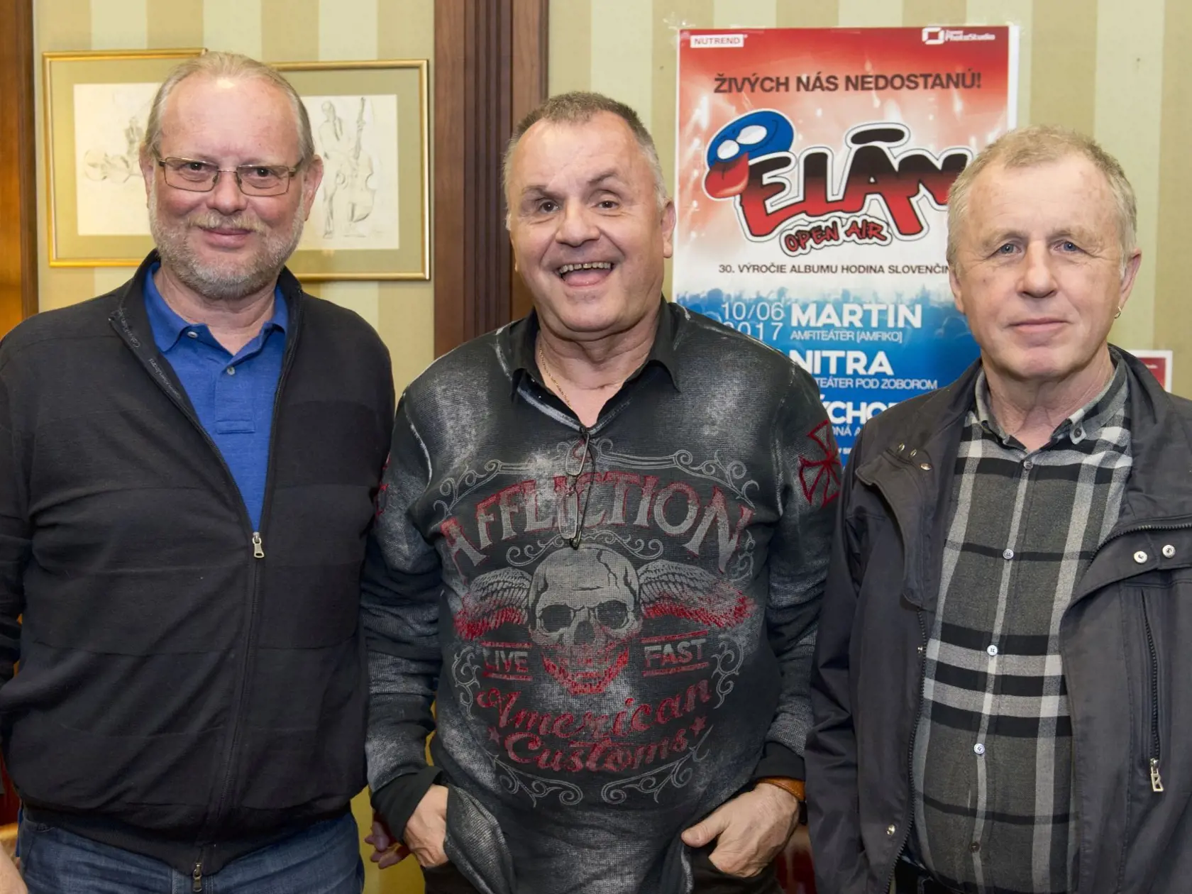 Na snímke členovia skupiny Elán zľava Vašo Patejdl, Jožo Ráž a Jano Baláž počas tlačovej konferencie o sérii koncertov 12. apríla 2017.