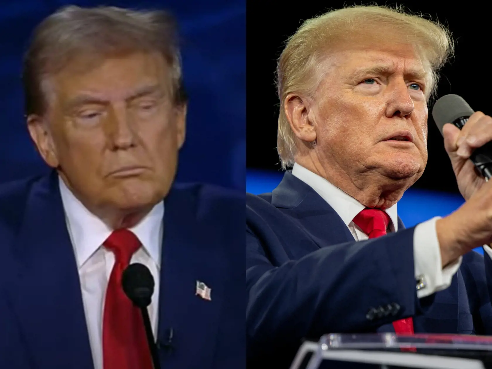 Vľavo Donald Trump na debate vo Philadelphii, vpravo o mesiac skôr.