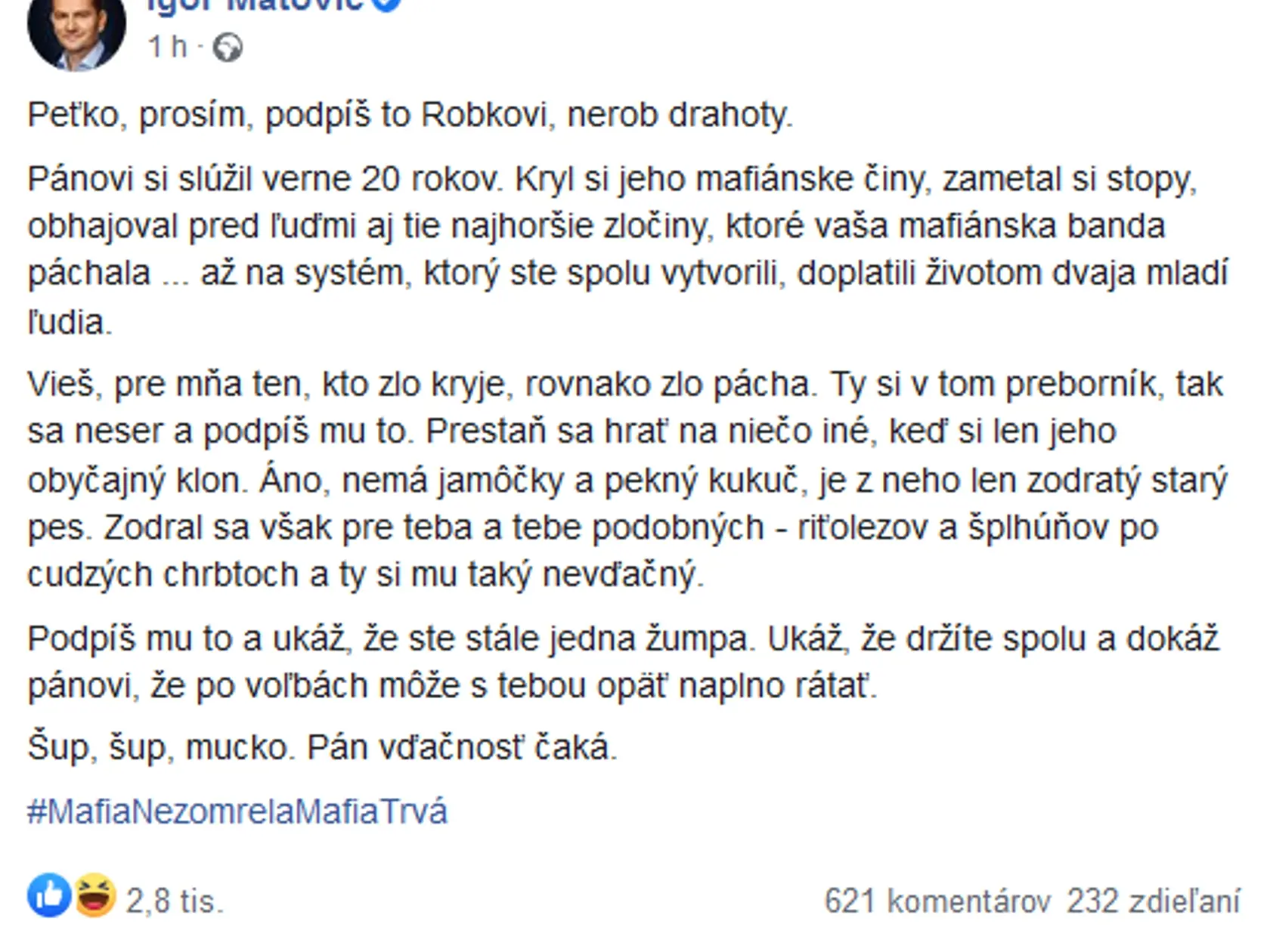 Facebookový status Igora Matoviča