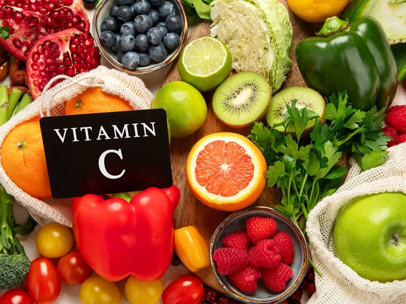 Products high in vitamin C. Healthy food concept. Top view