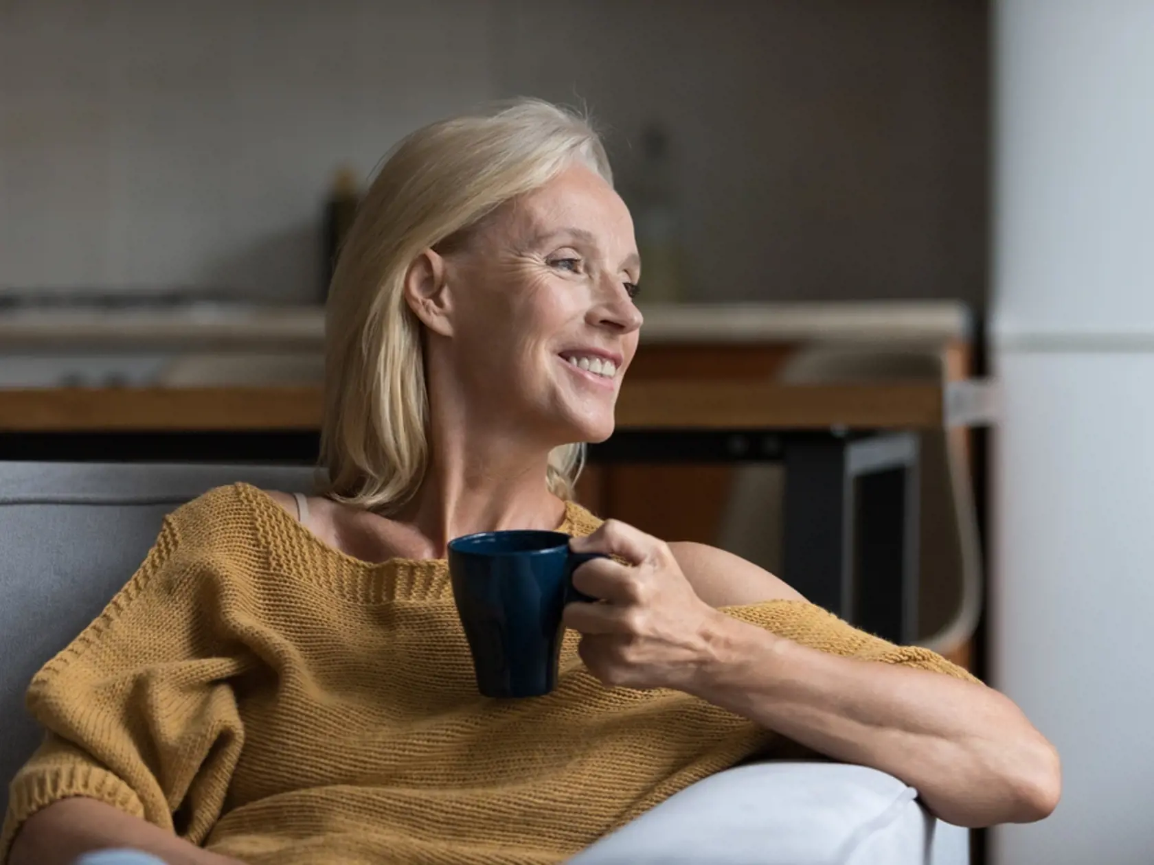 Happy,Dreamy,Senior,Blonde,Lady,Enjoying,Good,Morning,,Drinking,Hot