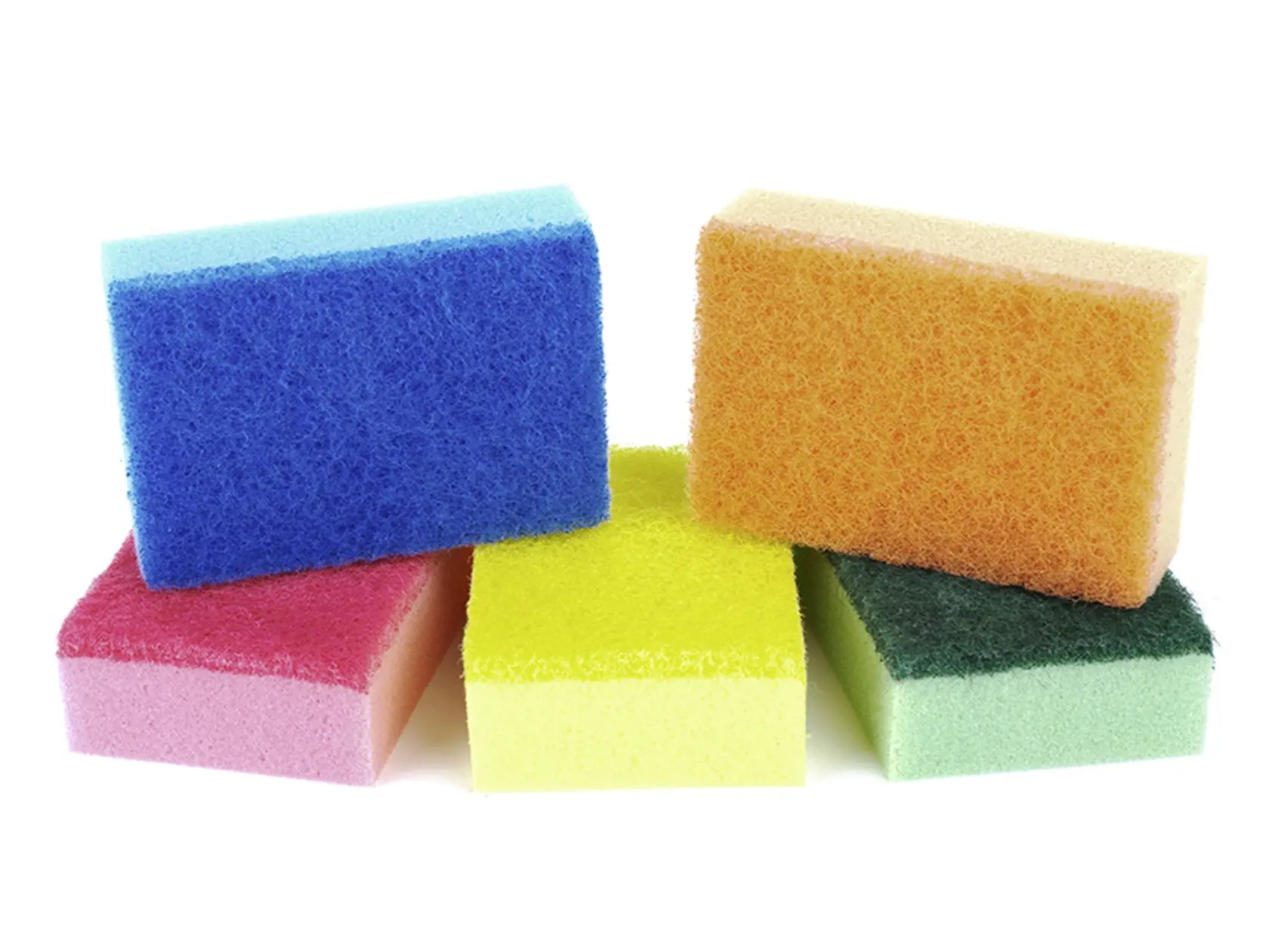 Five sponges of different colors isolated on the white background