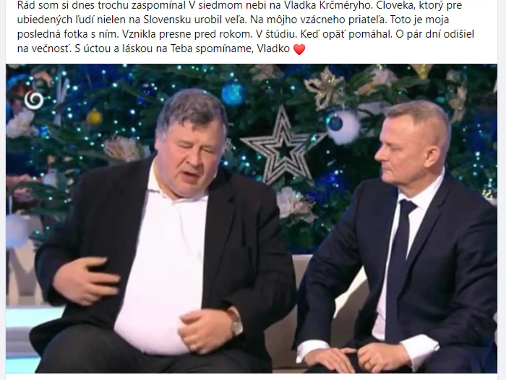 Na profesora Krčméryho spomína aj moderátor Vilo Rozbirol. Pred pár dňami zavesil na svoju facebookovú stránku tento príspevok s ich poslednou spoločnou fotkou.