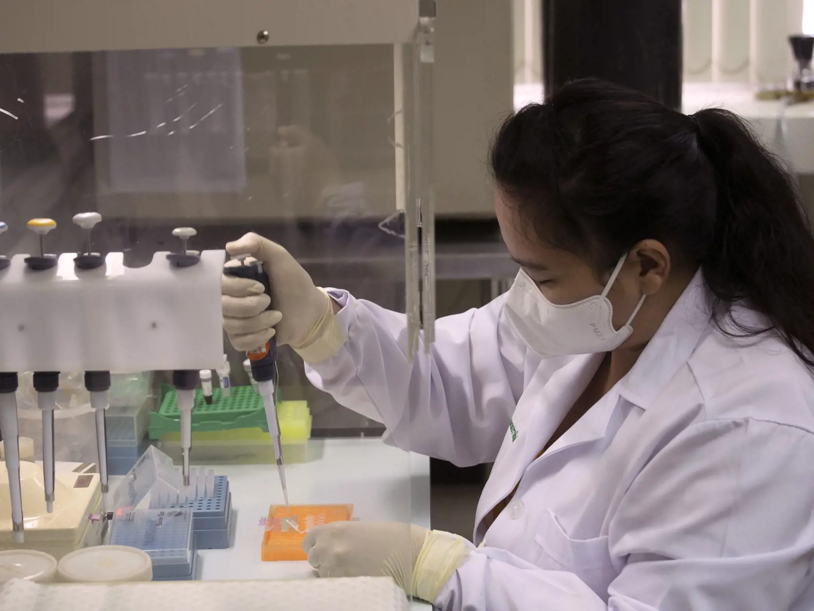 Bangkok - Laboratórna technička počas testovania "kandidáta" na vakcínu na ochorenie Covid-19 na Čulálongkónovej univerzite v Bangkoku 25. mája 2020. Vedci v Thajsku majú sľubné výsledky v testovaní očkovacej látky na ochorenie COVID-19, ktoré urobili na myšiach a začali s testovaním na opiciach. FOTO TASR/AP
A lab technician extracts a portion of a COVID-19 vaccine candidate during testing at the Chula Vaccine Research Center, run by Chulalongkorn University in Bangkok, Thailand, Monday, M