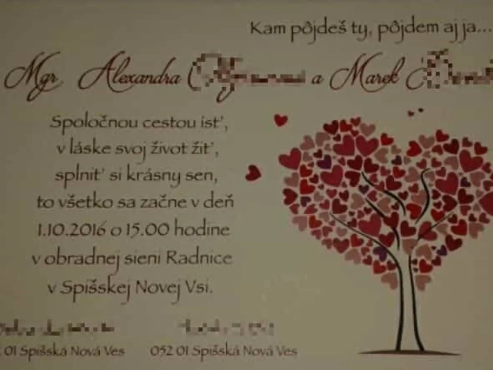 Svadobné oznámenie dvojice.