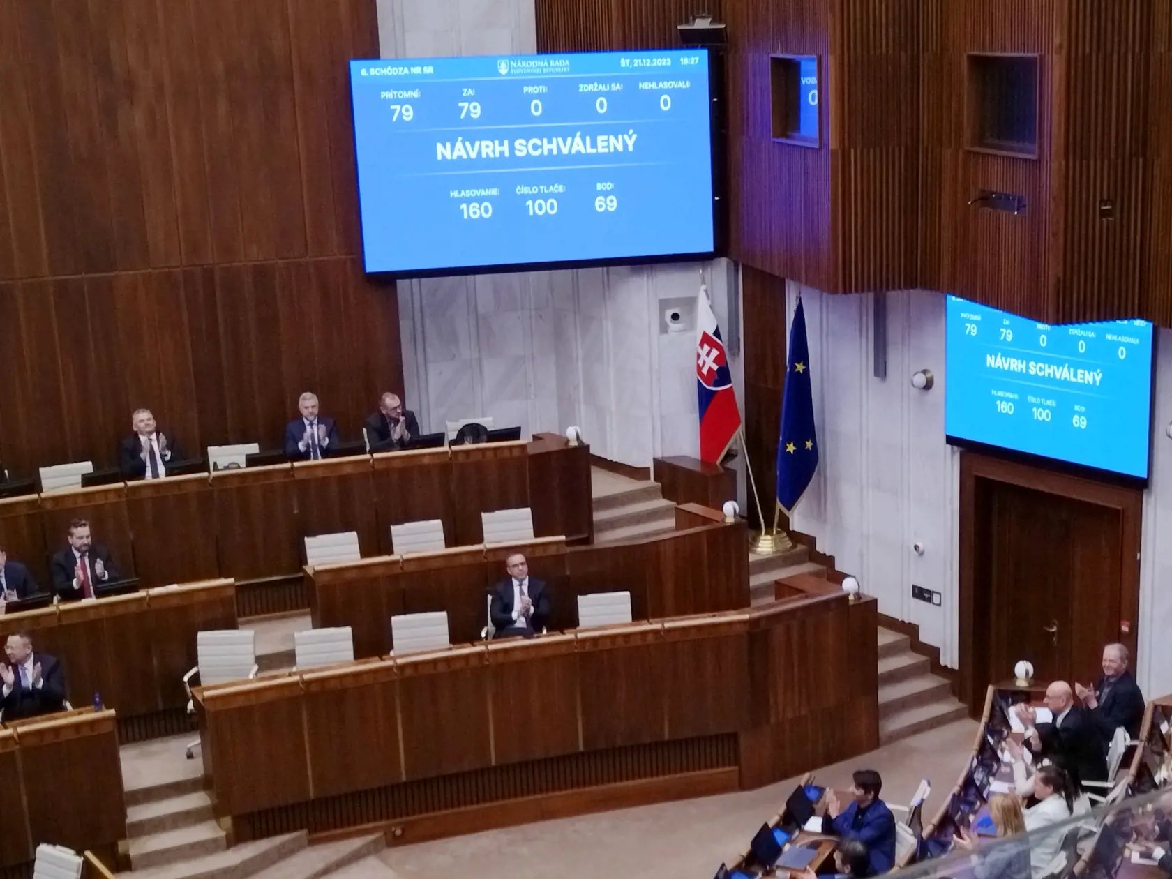 Na dosiahnutie stanovených cieľov do roku 2026 musí vláda podľa ministerstva predstaviť dodatočné konsolidačné opatrenia v objeme 1,6 % HDP alebo 2,3 miliardy eur. Na snímke hlasovanie o návrhu štátneho rozpočtu na budúci rok na 6. schôdzi NR SR v Bratislave 21. decembra 2023.