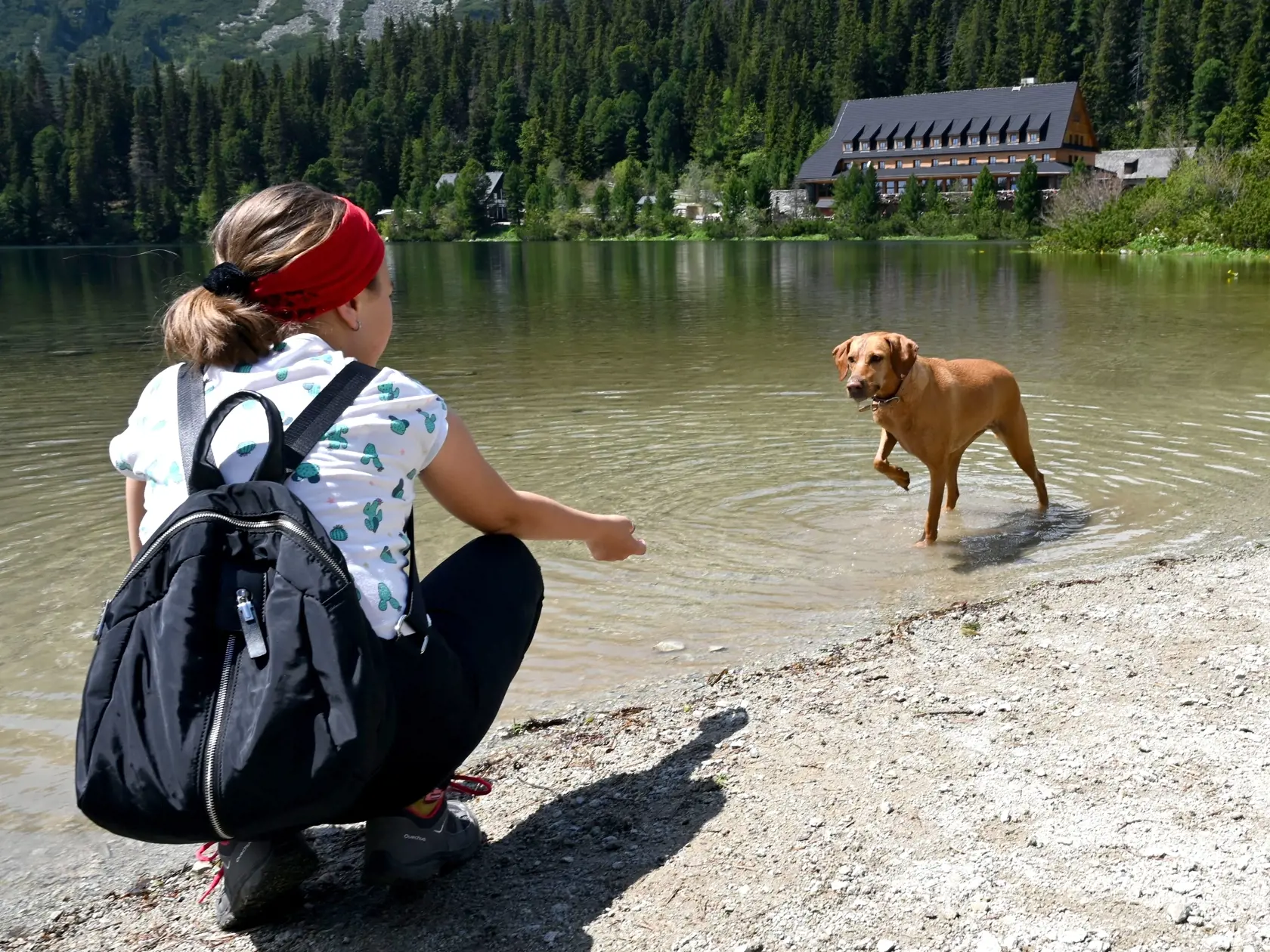 Na snímke turistka so psíkom na Popradskom plese vo Vysokých Tatrách 25. júna 2020. FOTO TASR - Roman Hanc