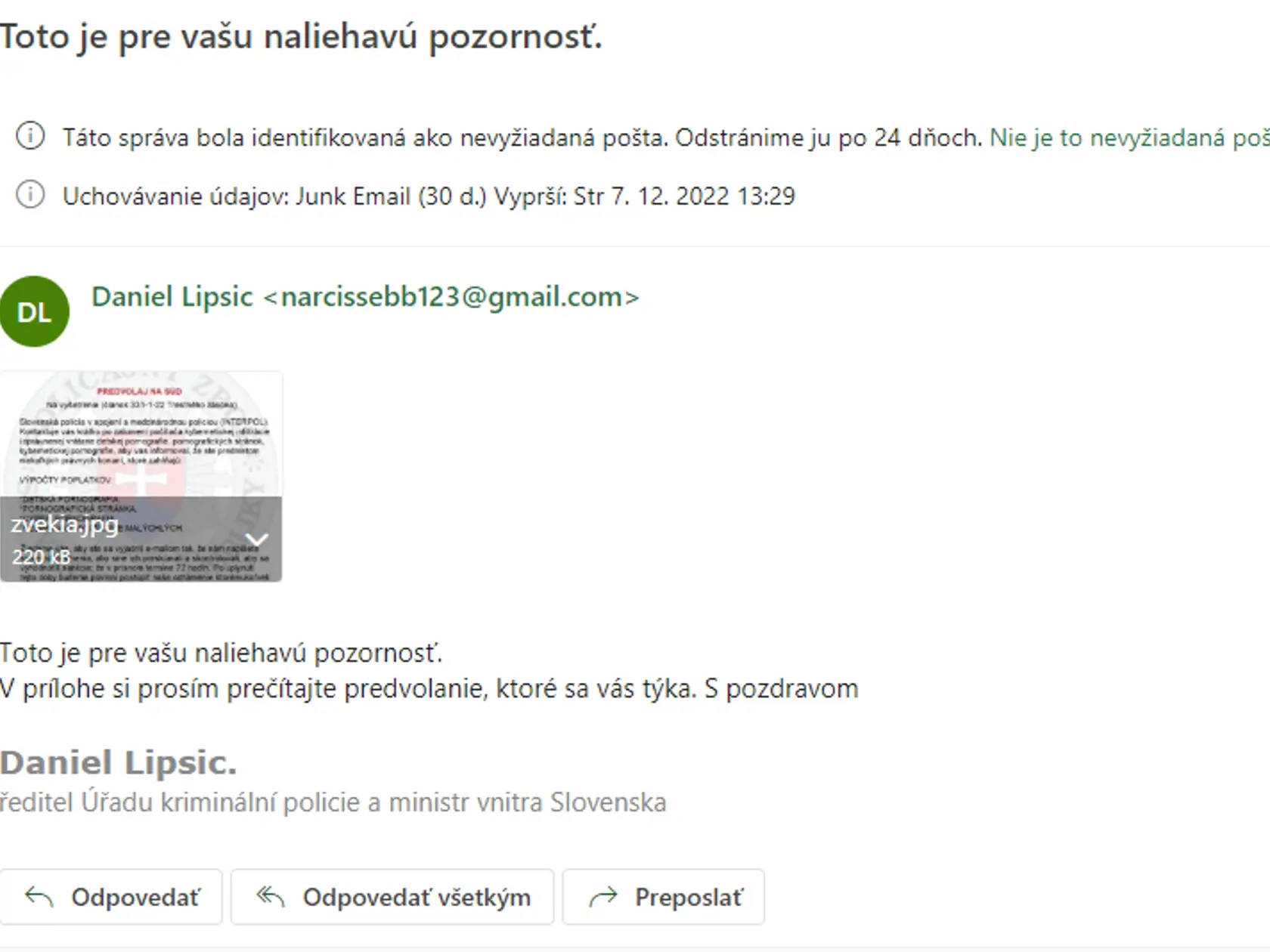 Jasný scam: Podvodníci si nedali ani len tú námahu, aby si zistili Lipšicovu skutočnú funkciu.