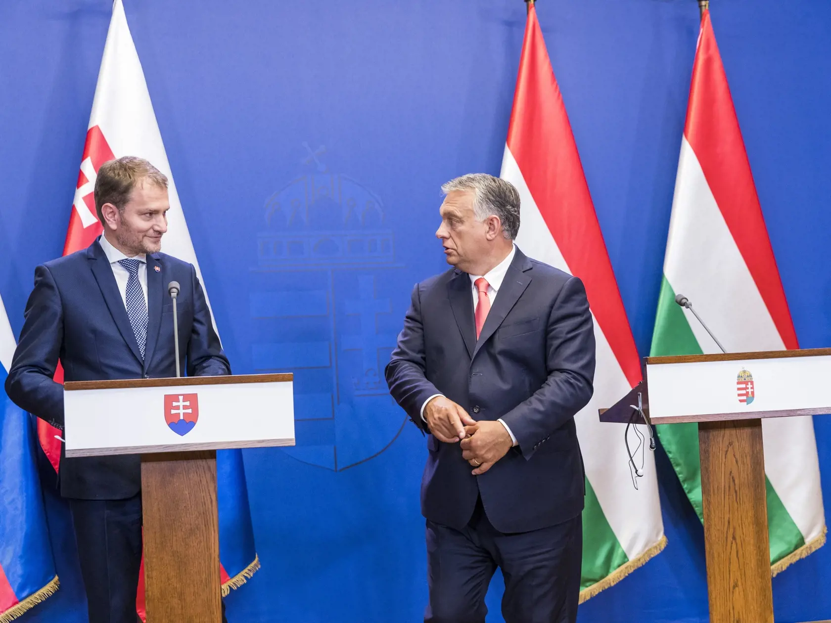 na snimke  - Viktor Orbán predseda vlády Maďarska a Igor Matovič predseda vlady SR  na stretnutí v BUDAPEŠŤI