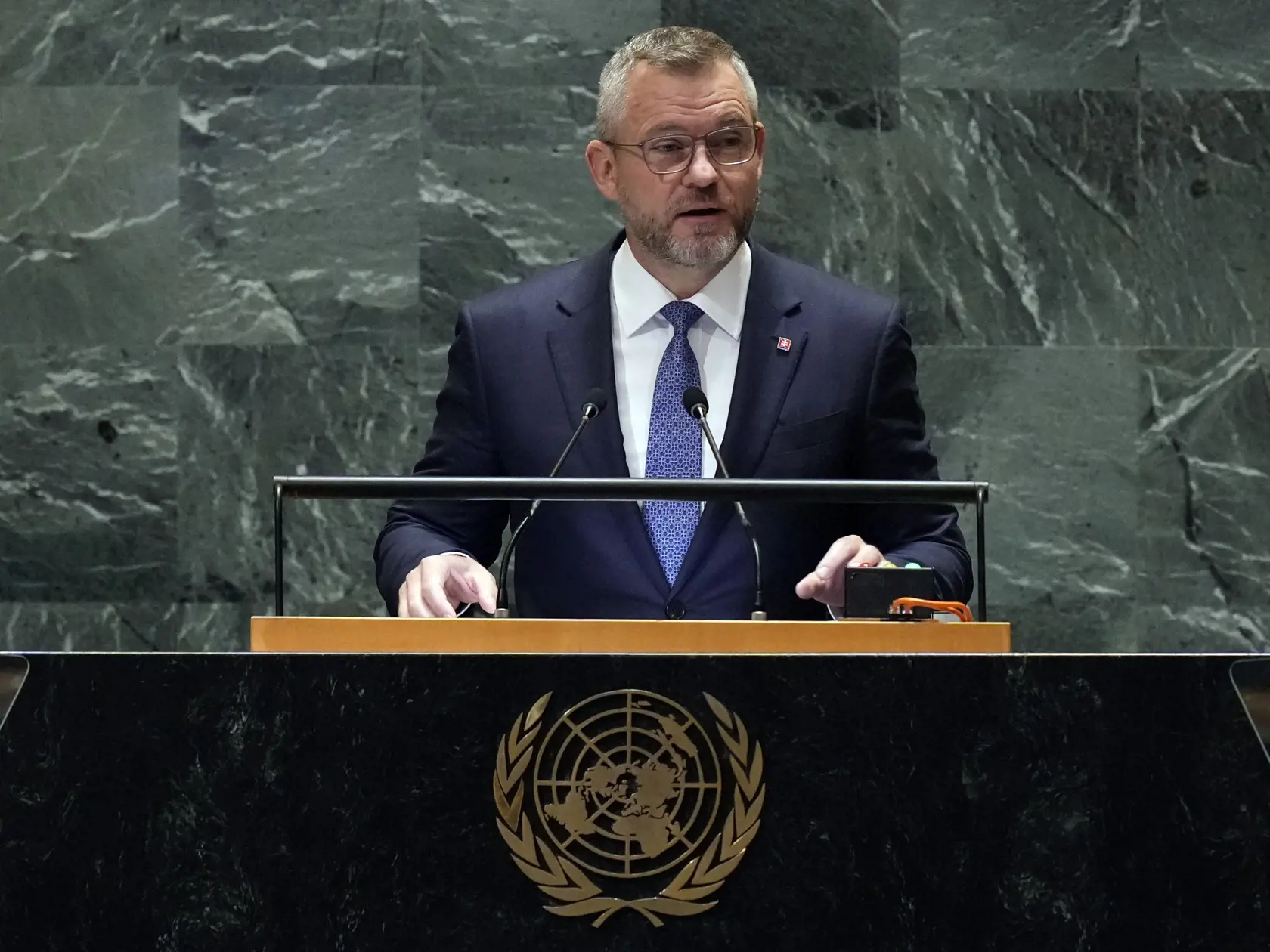 Slovenský prezident Peter Pellegrini počas prejavu na 79. zasadnutí Valného zhromaždenia (VZ) OSN v New Yorku 25. septembra 2024.
