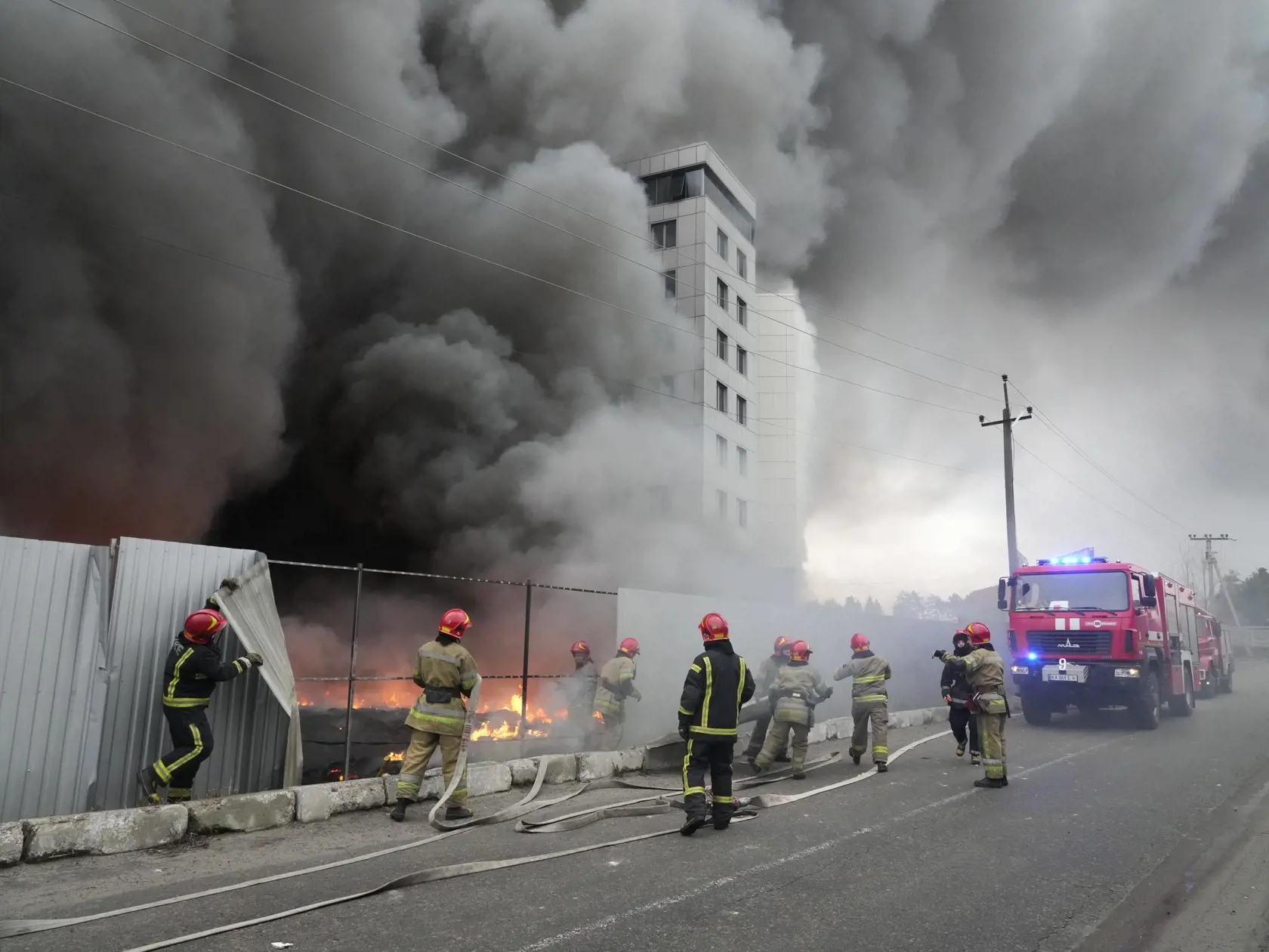 KK23 Kyjev - Na snímke hasiči hasia požiar v logistickom centre po ostreľovaní v Kyjeve 3. marca 2022. FOTO TASR/AP
Firefighters work to extinguish a fire at a damaged logistic center after shelling in Kyiv, Ukraine, Thursday, March 3, 2022. Russian forces have escalated their attacks on crowded cities in what Ukraine's leader called a blatant campaign of terror. (AP Photo/Efrem Lukatsky)