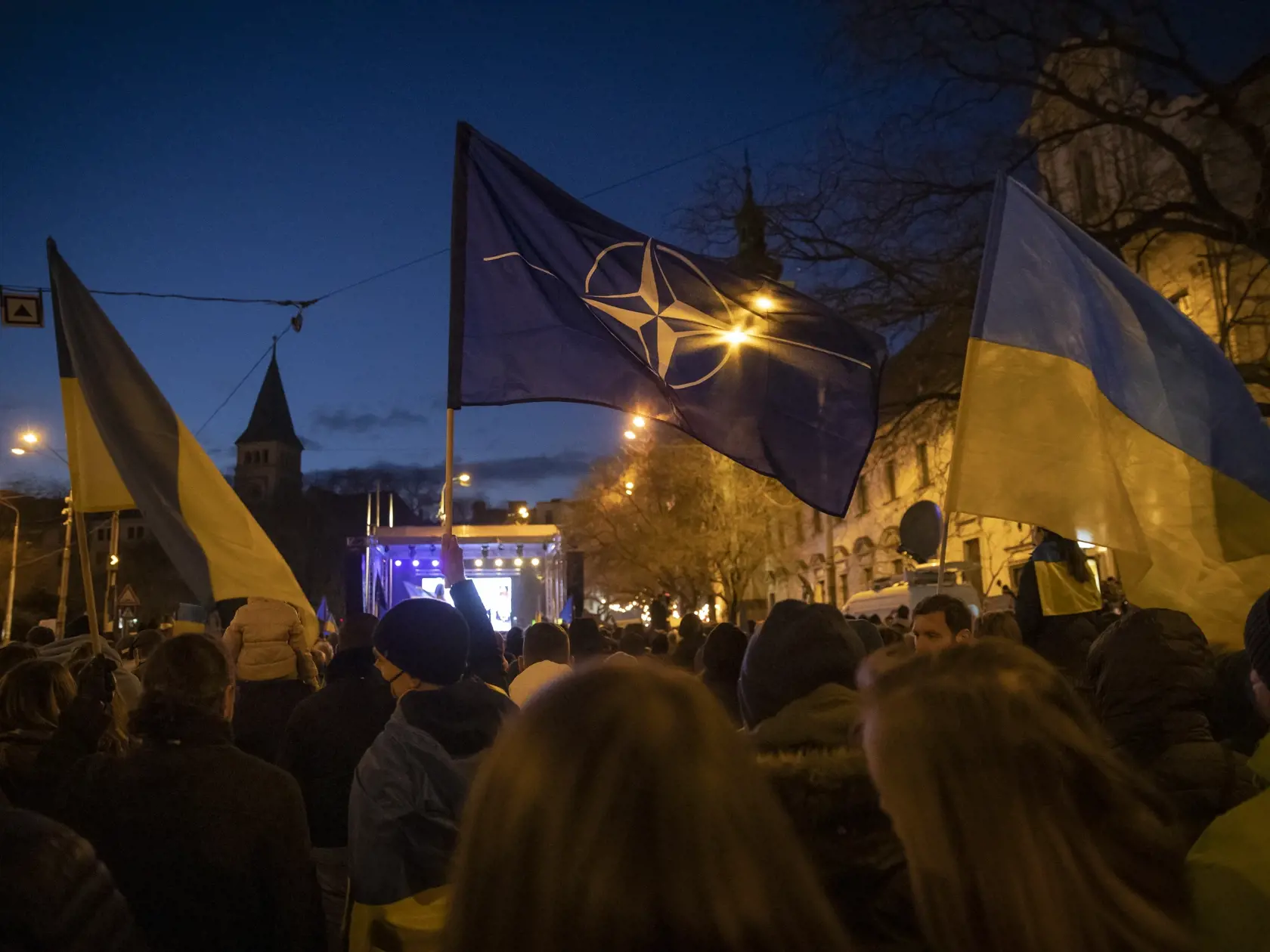 Verejné zhromaždenie na bratislavskom námestí SNP pod názvom Mier Ukrajine v čase vojnového konfliktu na Ukrajine, ktorú napadlo susedné Rusko vedené Vladimírom Putinom.