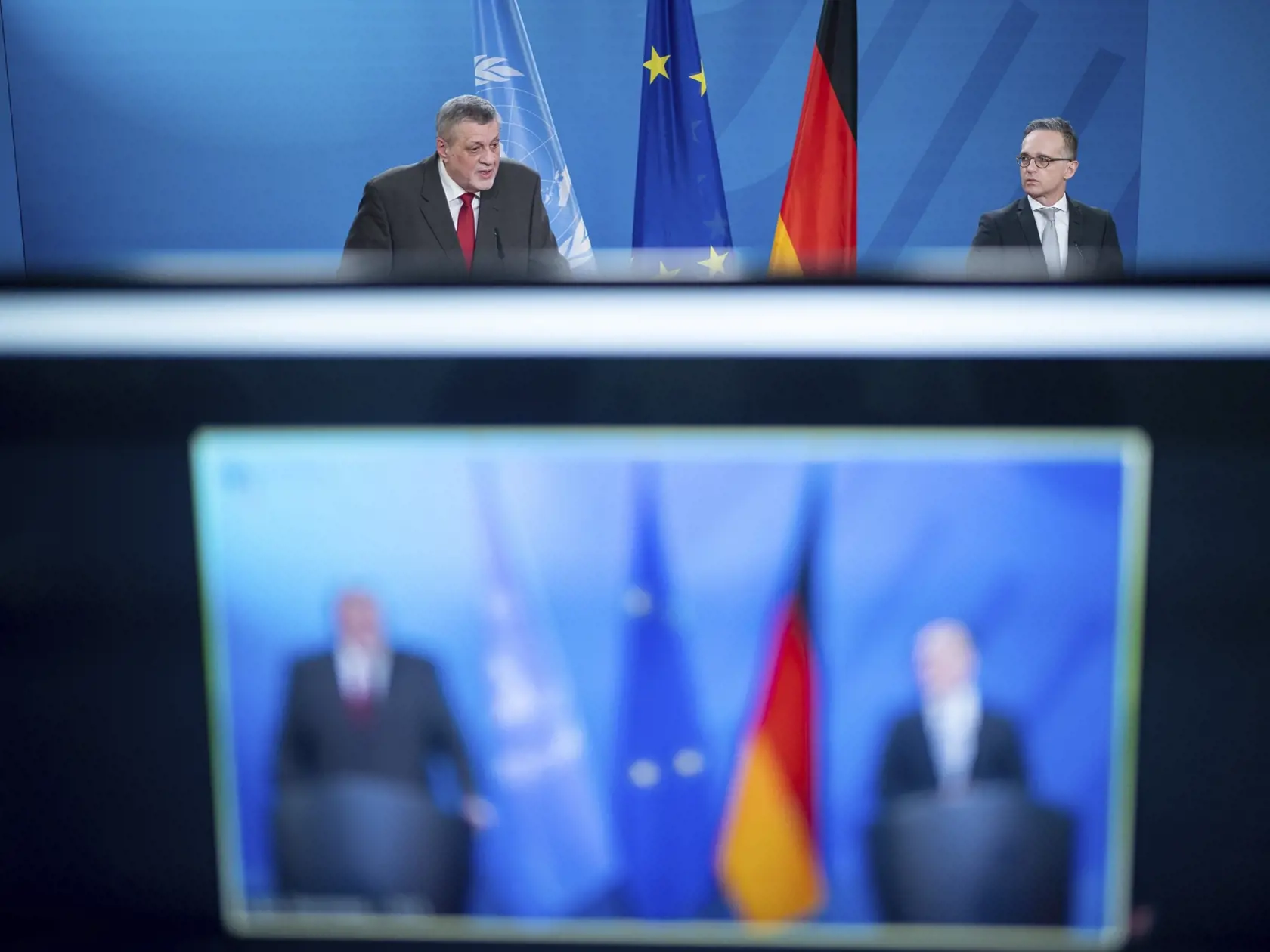Ján Kubiš (vľavo) a nemecký minister zahraničných vecí Heiko Maas počas tlačovej konferencie na pôde rezortu diplomacie v Berlíne vo štvrtok 18. marca 2021.