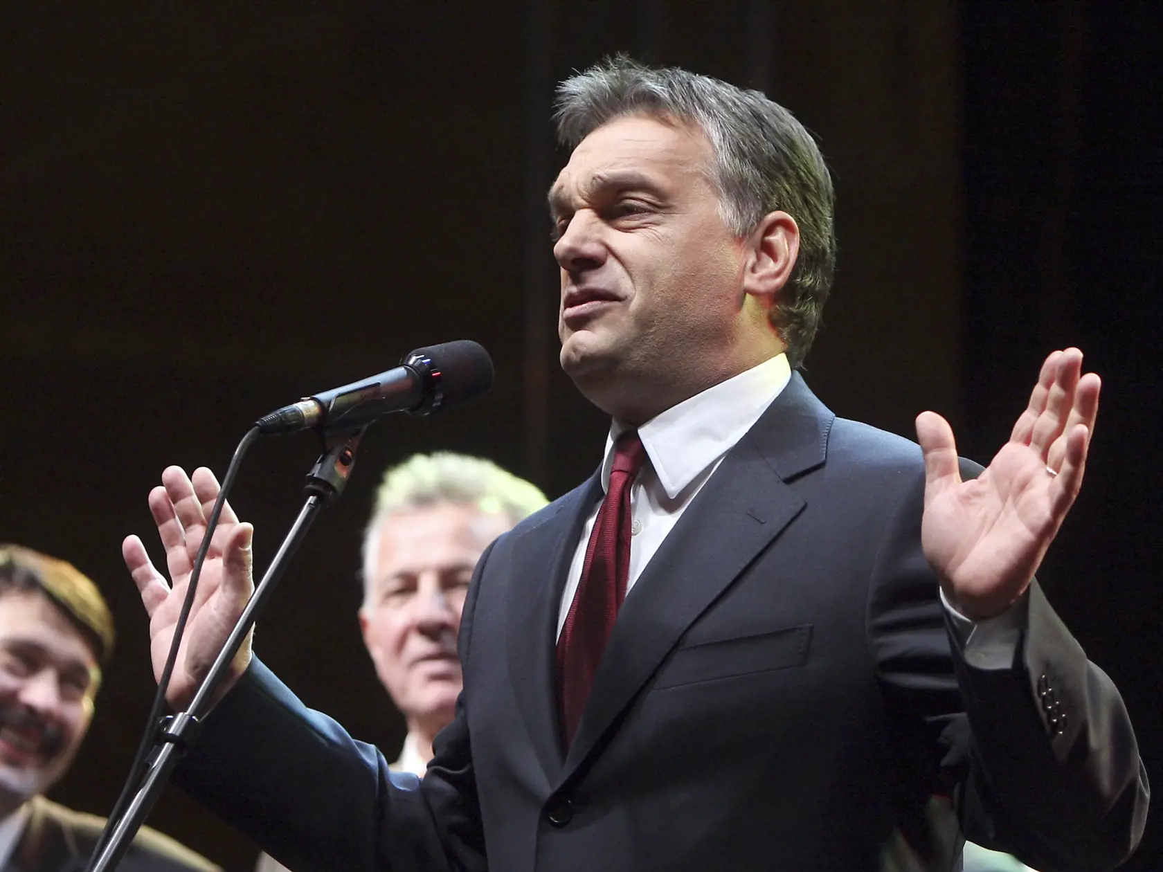 Candidate of the center-right opposition party Fidesz, former prime minister Viktor Orban, speaks to his supporters in Budapest, Hungary, on Sunday, April 11, 2010. Hungary's center-right Fidesz party took a commanding lead in the first round of parliamentary elections on Sunday, while Jobbik, a far-right party with an anti-Gypsy and extreme nationalist agenda, was a strong third just behind the governing Socialists. (AP Photo/Ronald Zak)
