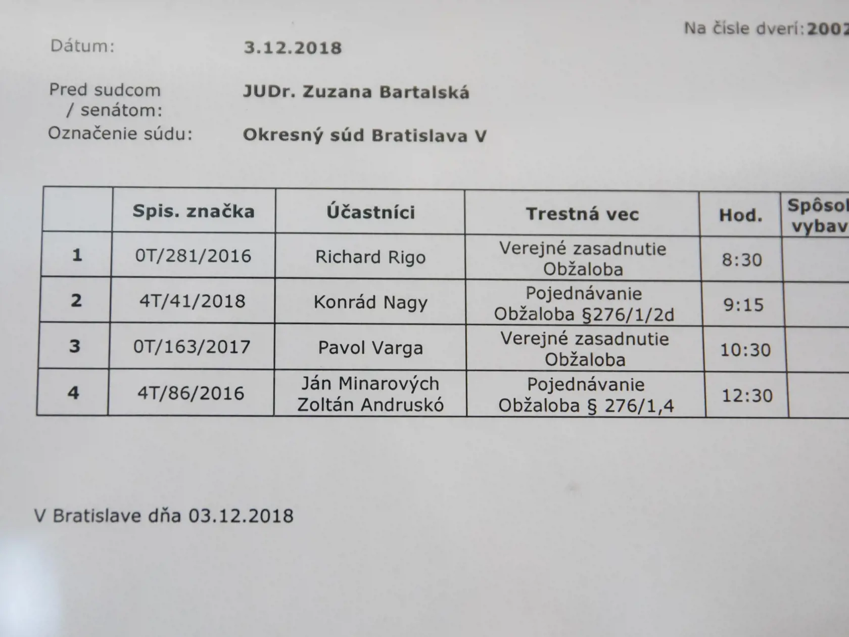 Hlavné pojednávanie vo veci vraždy Jána Kuciaka, obvinený Zoltán Andruškó.