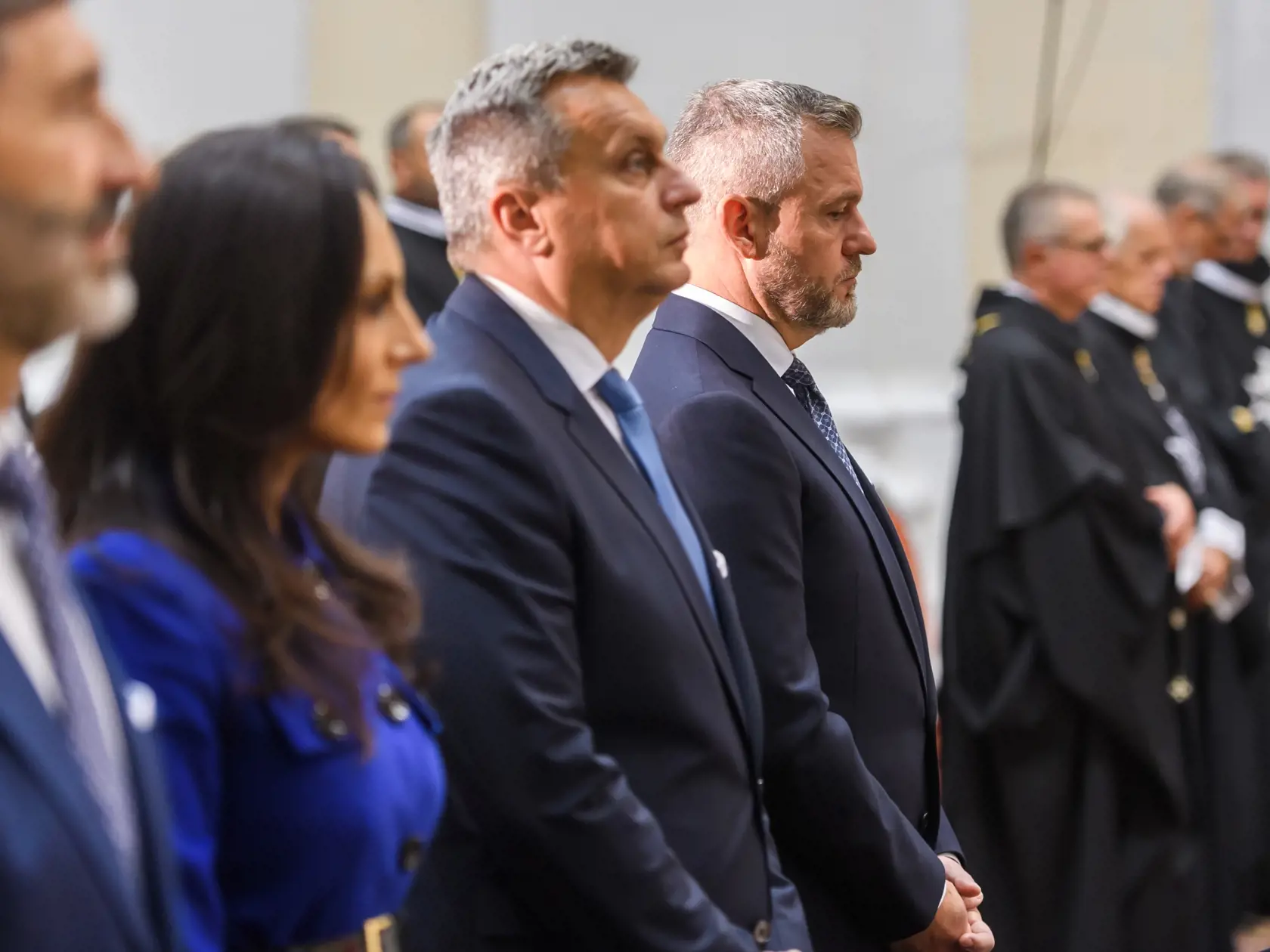 Na snímke zľava minister zahraničných vecí a európskych záležitostí SR Juraj Blanár (Smer-SD), ministerka zdravotníctva SR Zuzana Dolinková (Hlas-SD), podpredseda Národnej rady (NR) SR Andrej Danko (SNS) a prezident SR Peter Pellegrini počas slávnostnej svätej omše na národnej púti pri príležitosti sviatku Sedembolestnej Panny Márie, patrónky Slovenska v Šaštíne-Strážach (okres Senica) v nedeľu 15. septembra 2024.
