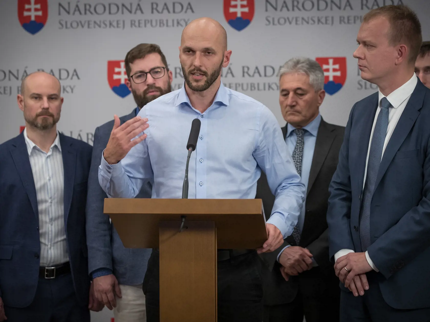 Tlačová beseda členov politickej strany Progresívne Slovensko / SPOLU k zverejnenej nahrávke spájanej s kauzou Gorila. Na snímke  je Michal Truban.