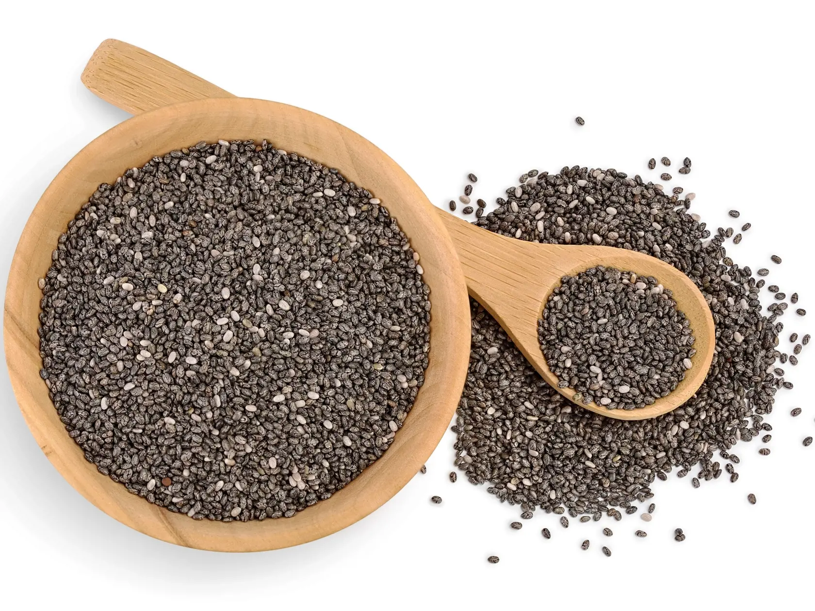 Chia seeds in wooden bowl isolated on white background with clipping path and full depth of field. Top view. Flat lay.