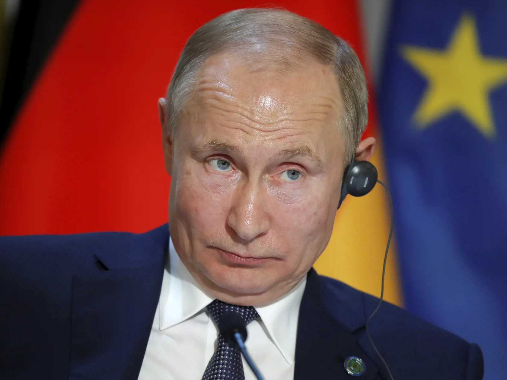 KK5 Paríž - Ruský prezident Vladimir Putin počas tlačovej konferencie s ukrajinským prezidentom Volodymyrom Zelenským, francúzskym prezidentom Emmanuelom Macronom a nemeckou kancelárkou Angelou Merkelovou 9. decembra 2019 v Elyzejskom paláci v Paríži. Situáciou na východe Ukrajiny v pondelok zaoberal summit lídrov normandskej štvorky (Ukrajina, Rusko, Nemecko, Francúzsko), ktorý hostil francúzsky prezident Emmanuel Macron. FOTO TASR/AP
Russian President Vladimir Putin attends a joint press confe