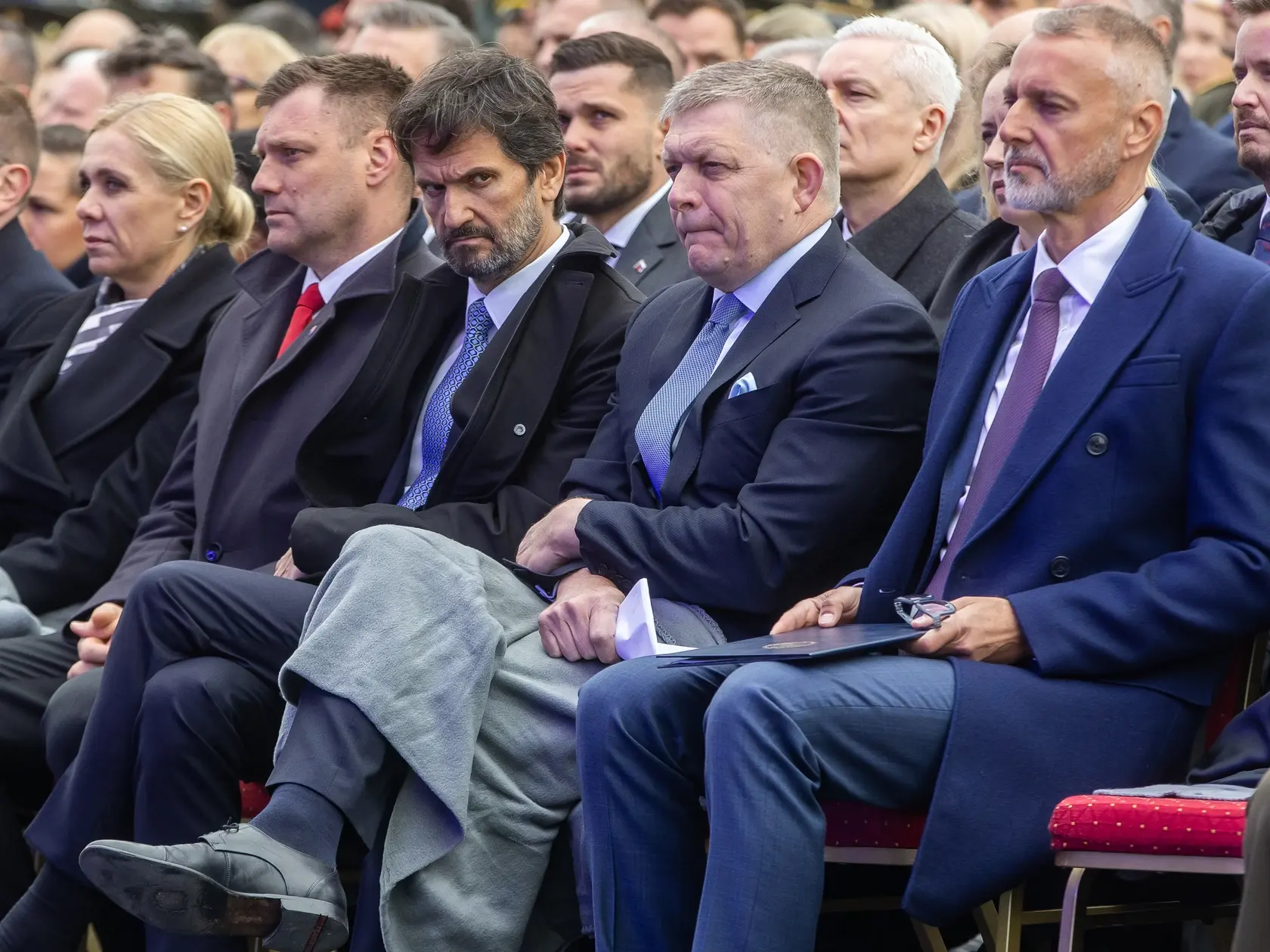 Oslavy 80.výročia víťazstva nad fašizmom Piešťany 2025. Na snímke je Robert Fico, Robert Kalinák a Richard Raši.