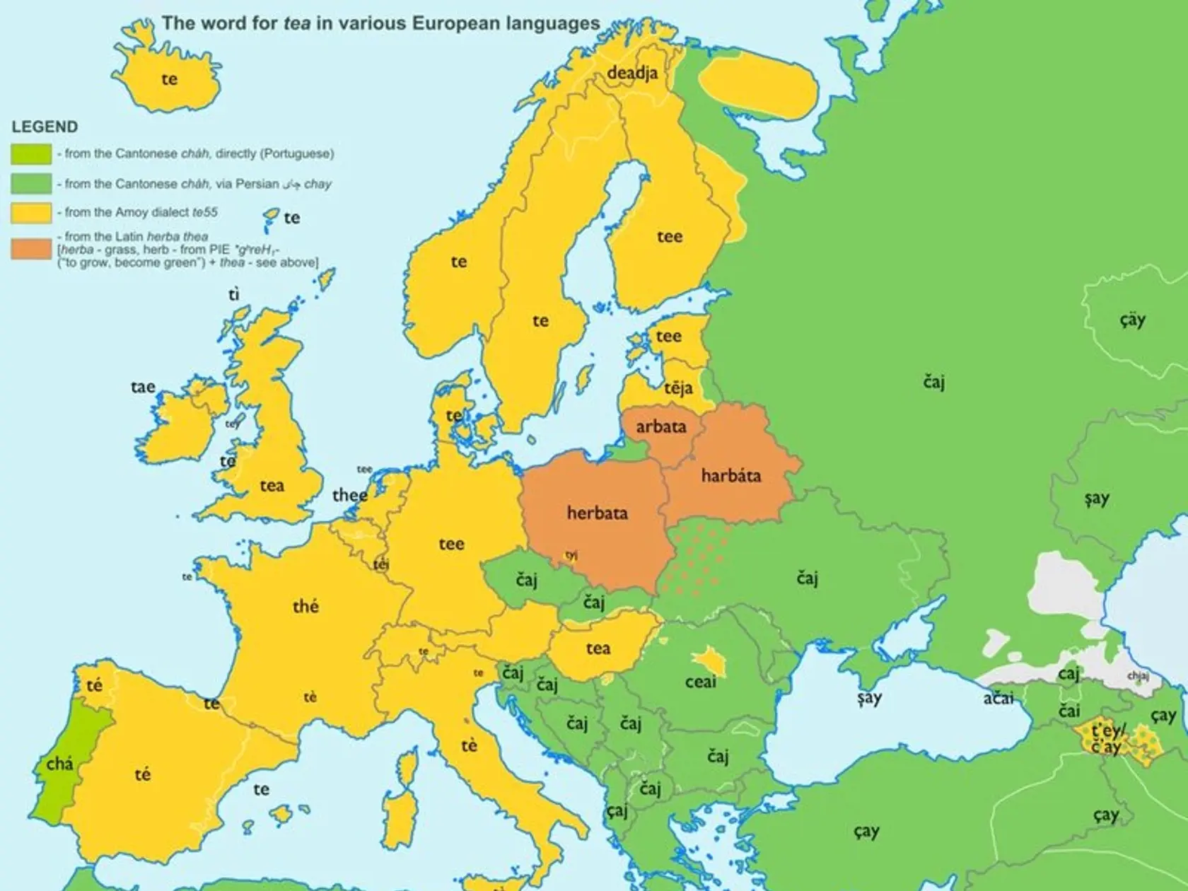 Čaj v jazykoch rôznych národov.