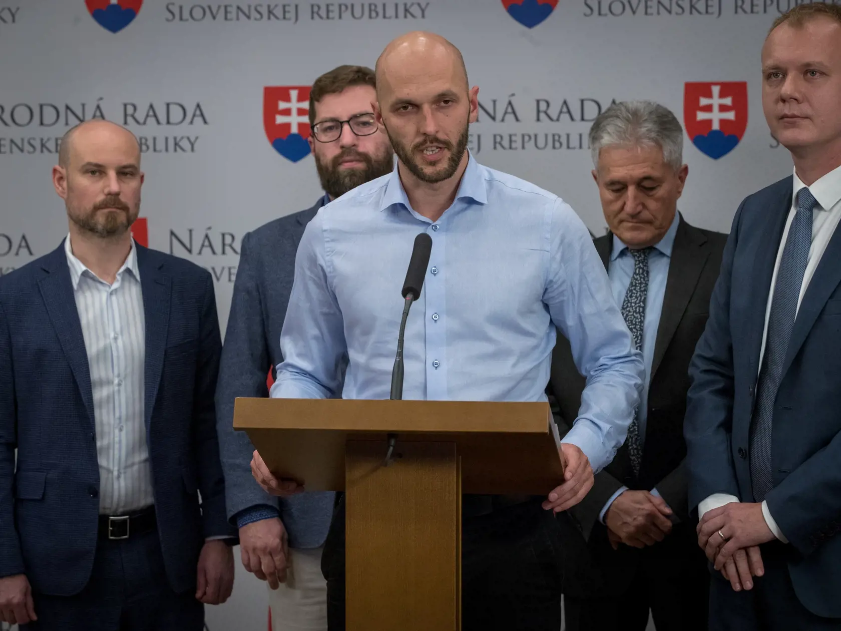 Tlačová beseda členov politickej strany Progresívne Slovensko / SPOLU k zverejnenej nahrávke spájanej s kauzou Gorila. Na snímke  je Michal Truban.