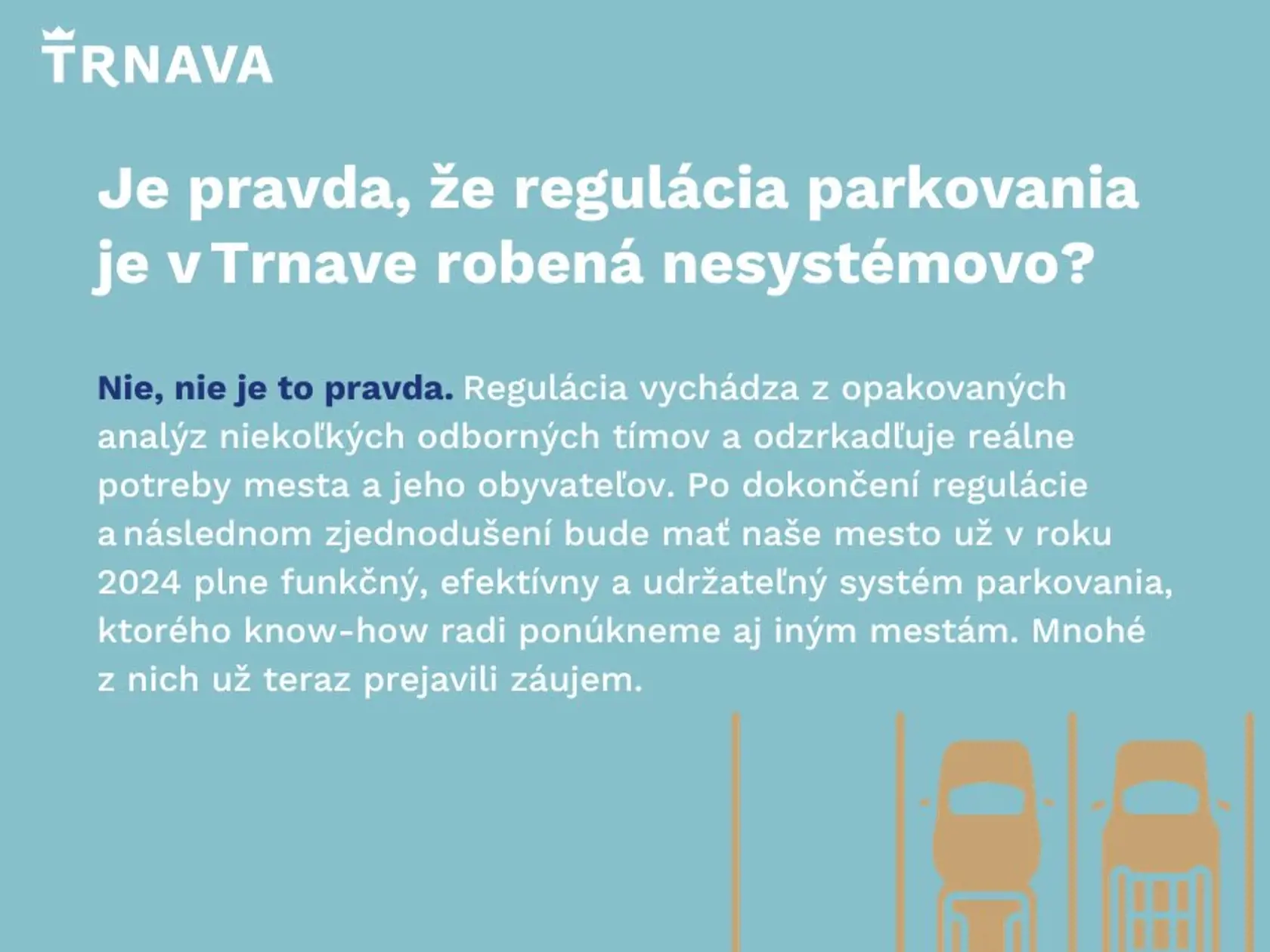 Mesto Trnava spustilo na sociálnej sieti kampaň:
ODPARKUJTE SA OD DEZINFORMÁCIÍ
Overujte si fakty a čerpajte informácie z prvej ruky. Sme radi, že sa zaujímate o dianie v našom meste. Je však dôležité vedieť odlíšiť pravdu od nepravdy a fakty od výmyslov.